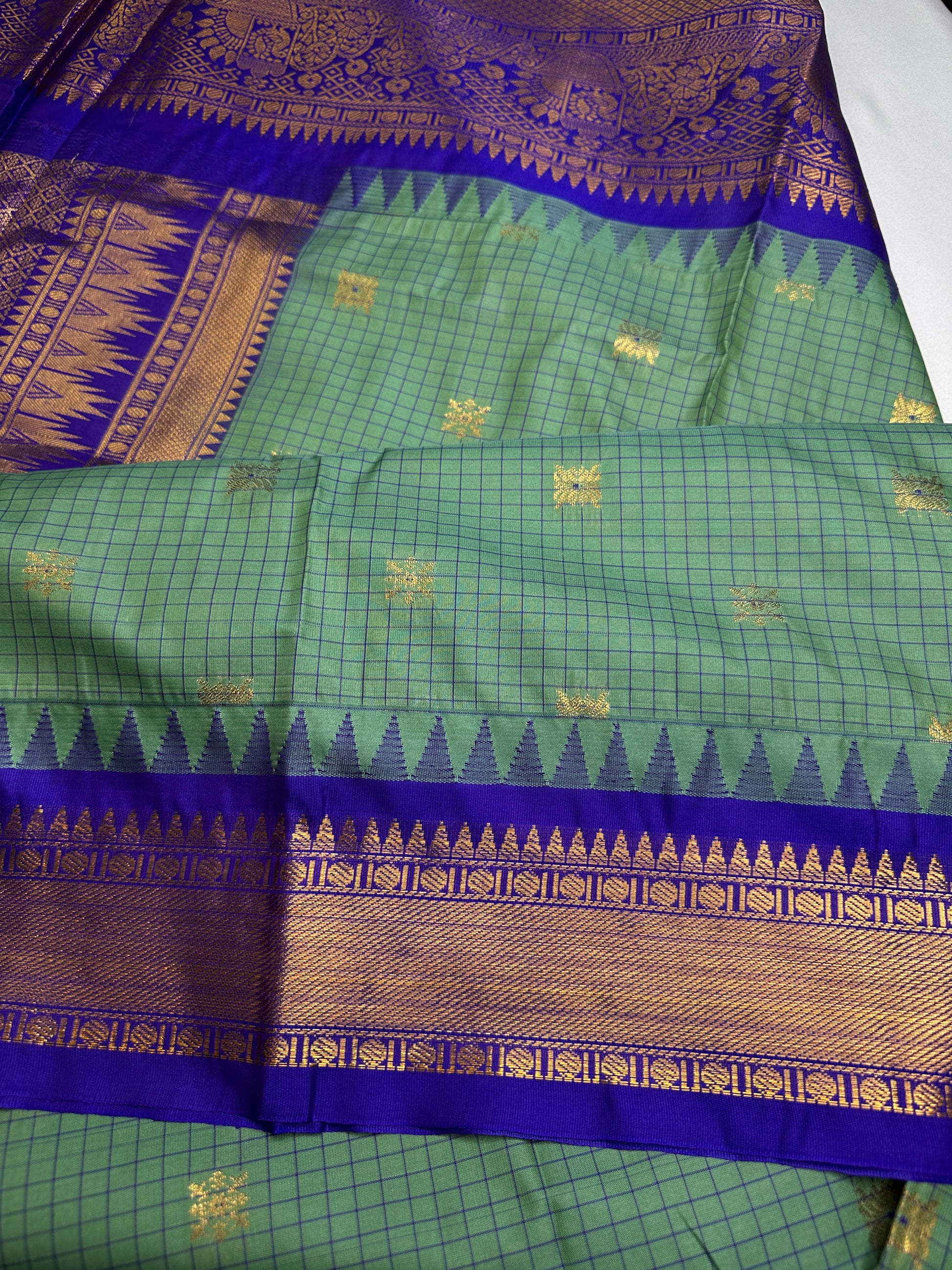 Semi Gadwal Checks Green Blue Silk Saree - 