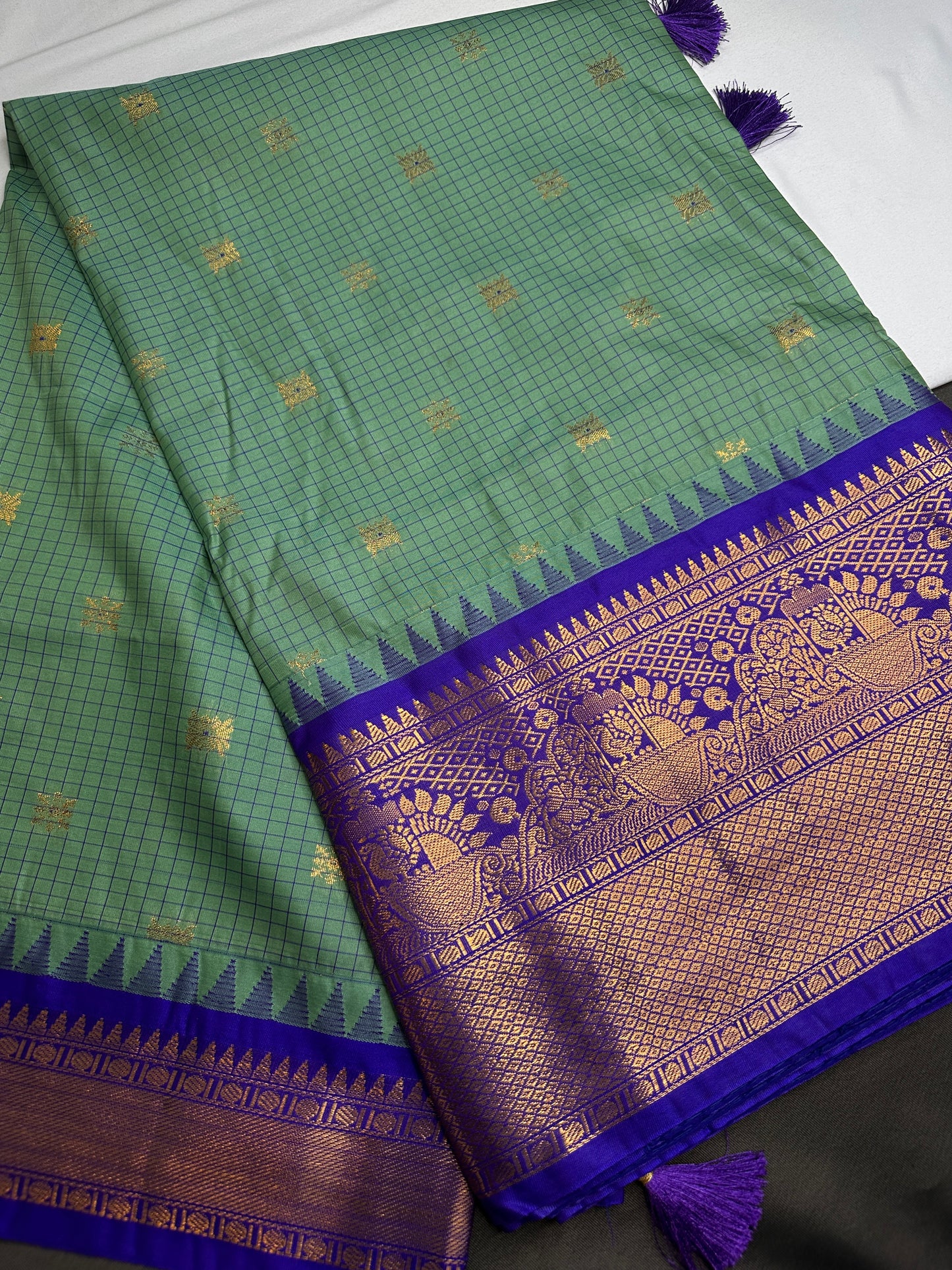 Semi Gadwal Checks Green Blue Silk Saree - 