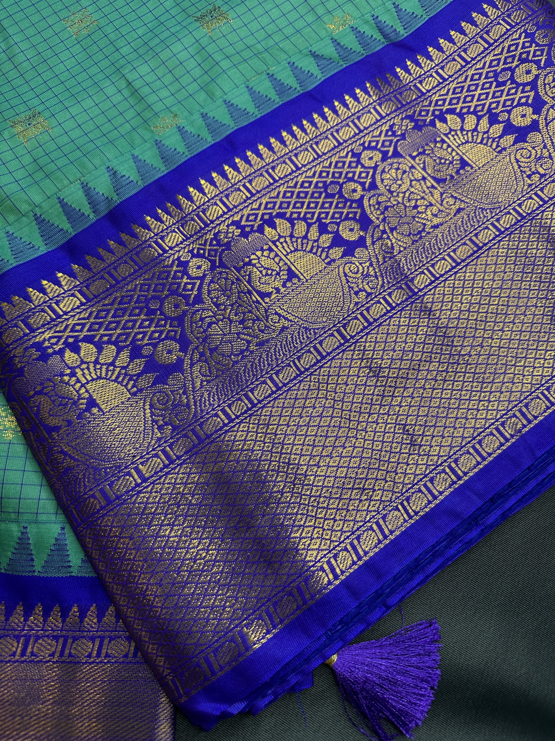 Semi Gadwal Checks Green Blue Silk Saree - 