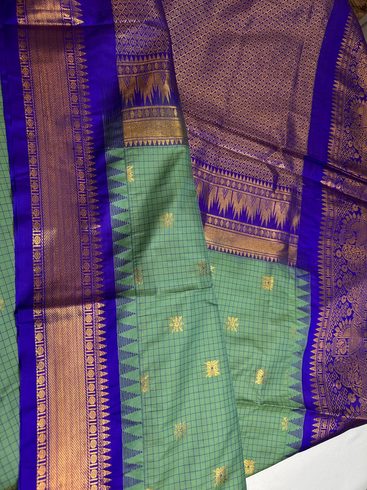 Semi Gadwal Checks Green Blue Silk Saree - 