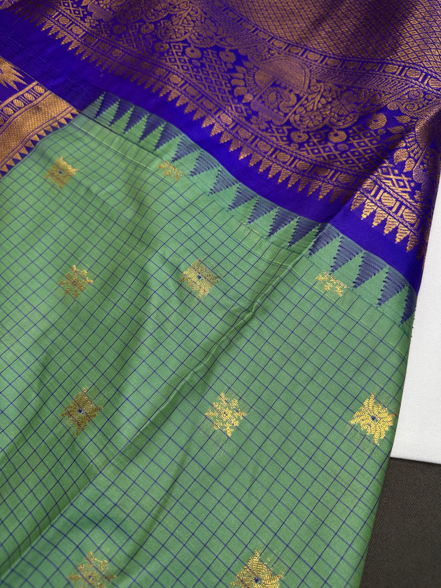 Semi Gadwal Checks Green Blue Silk Saree - 
