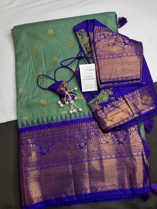 Semi Gadwal Checks Green Blue Silk Saree - 