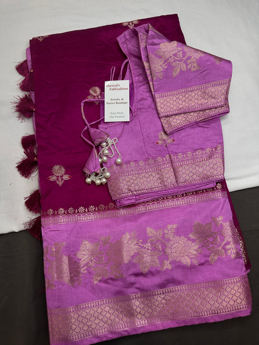 Pink lavender Raw Mango Light Weight Silk Saree - 