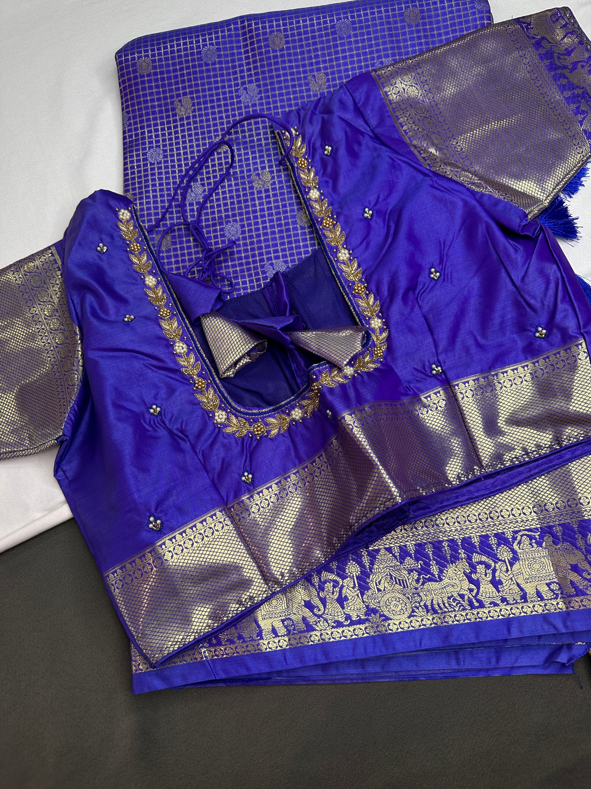 Semi Kanchi Palki Bharat Blue Checks Saree - 