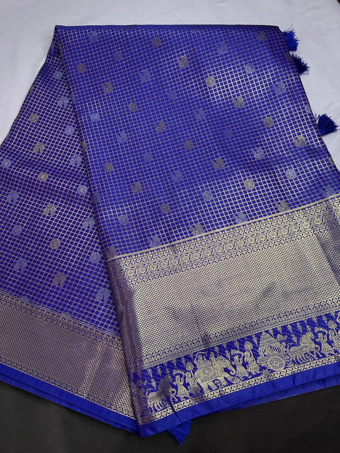 Semi Kanchi Palki Bharat Blue Checks Saree - 
