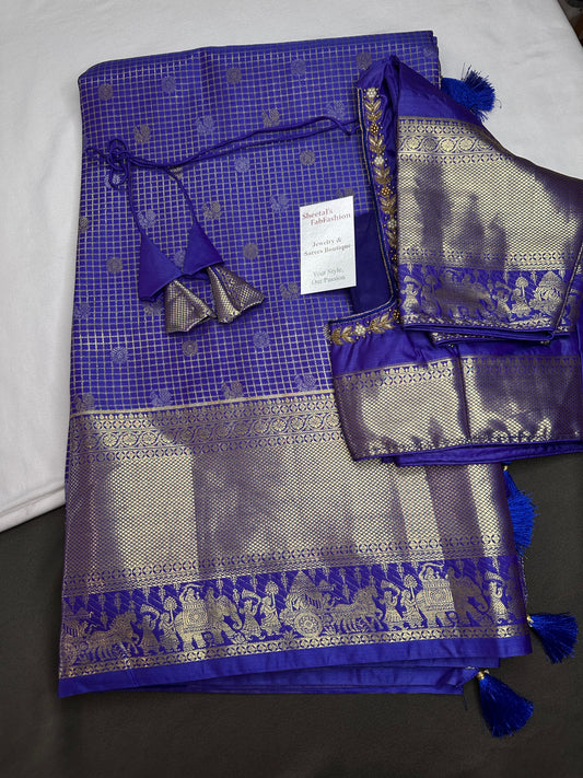 Semi Kanchi Palki Bharat Blue Checks Saree - 