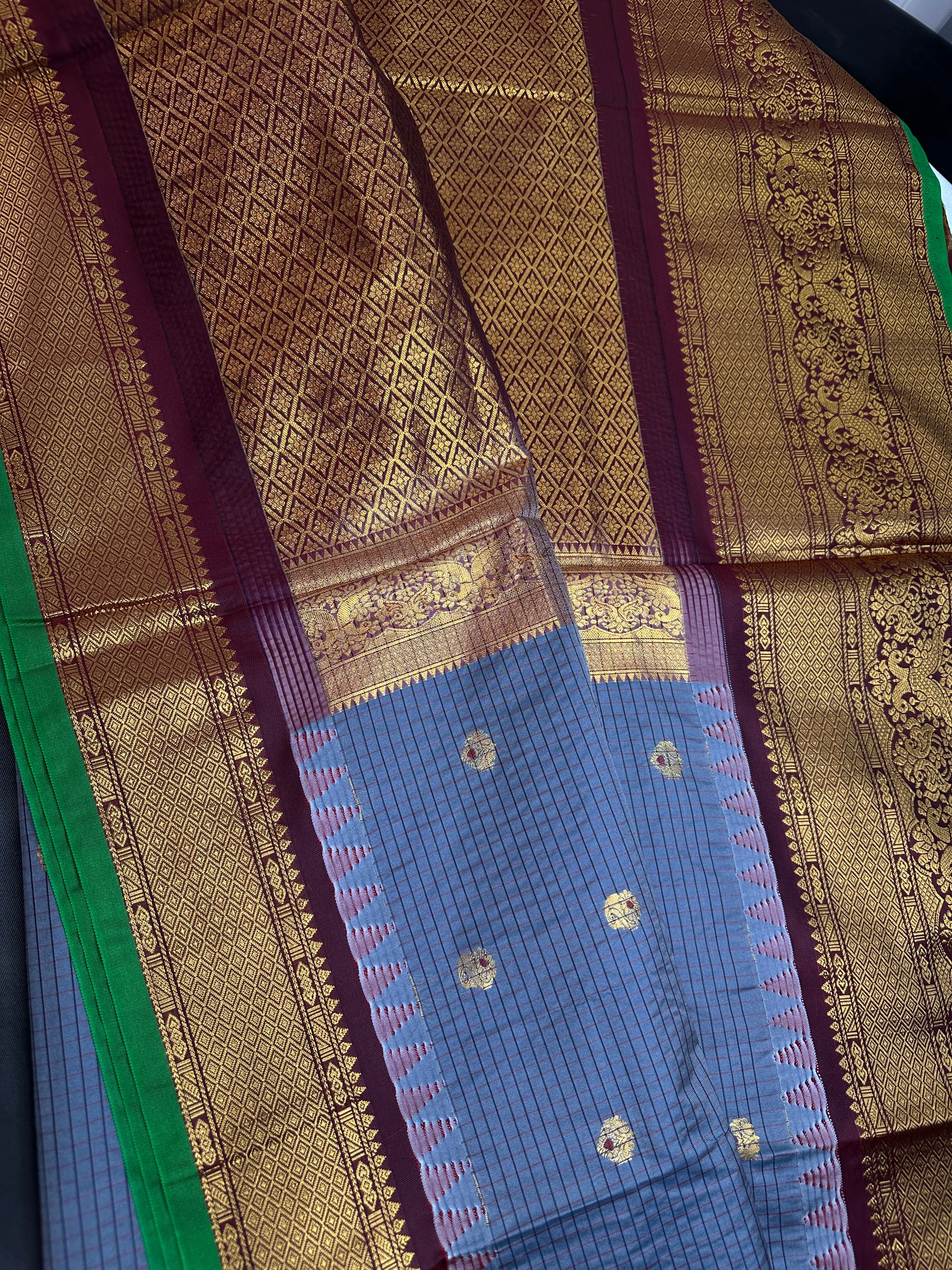 Semi Gadwal Checks Grey Maroon Silk Saree - 