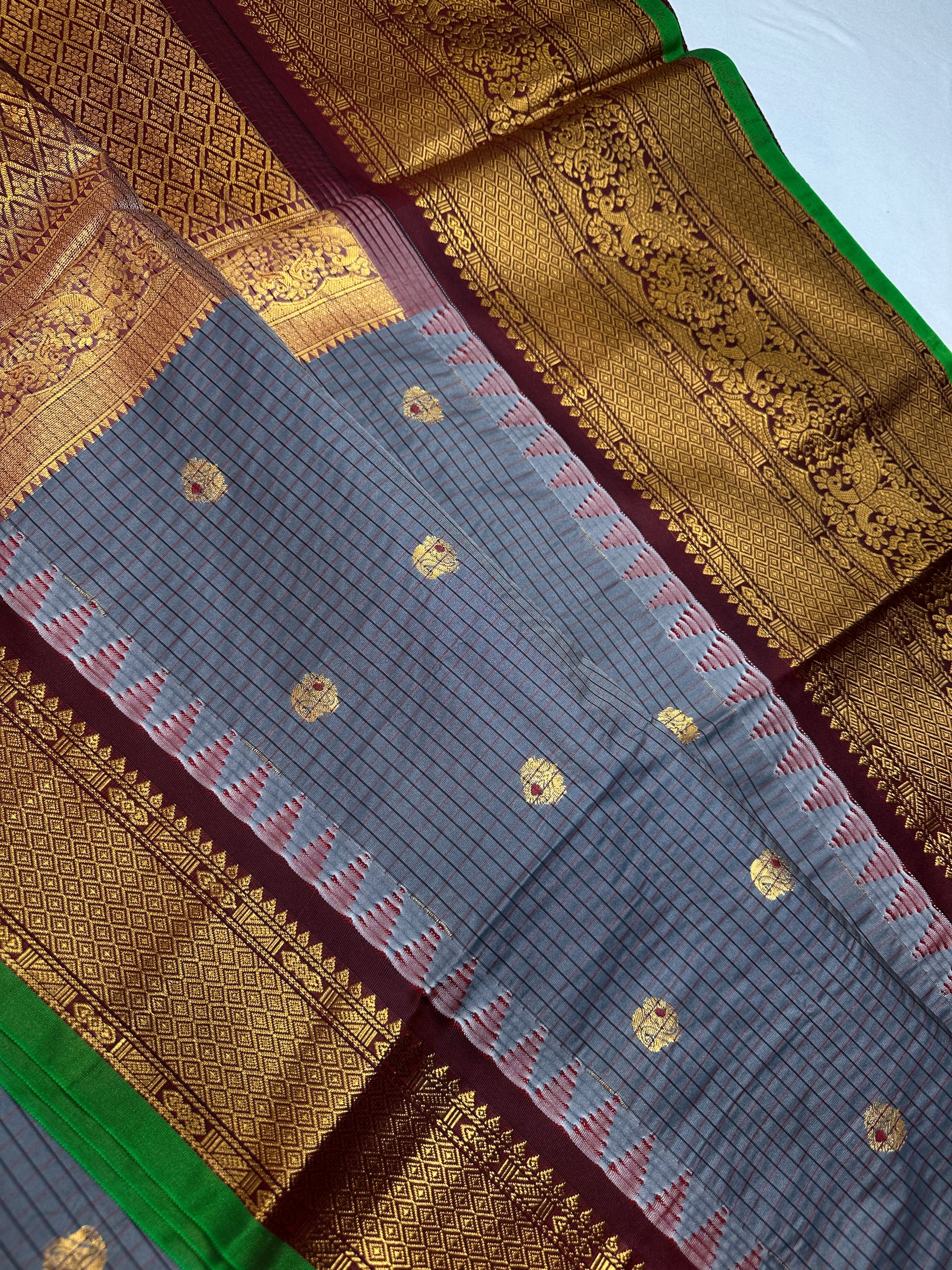 Semi Gadwal Checks Grey Maroon Silk Saree - 