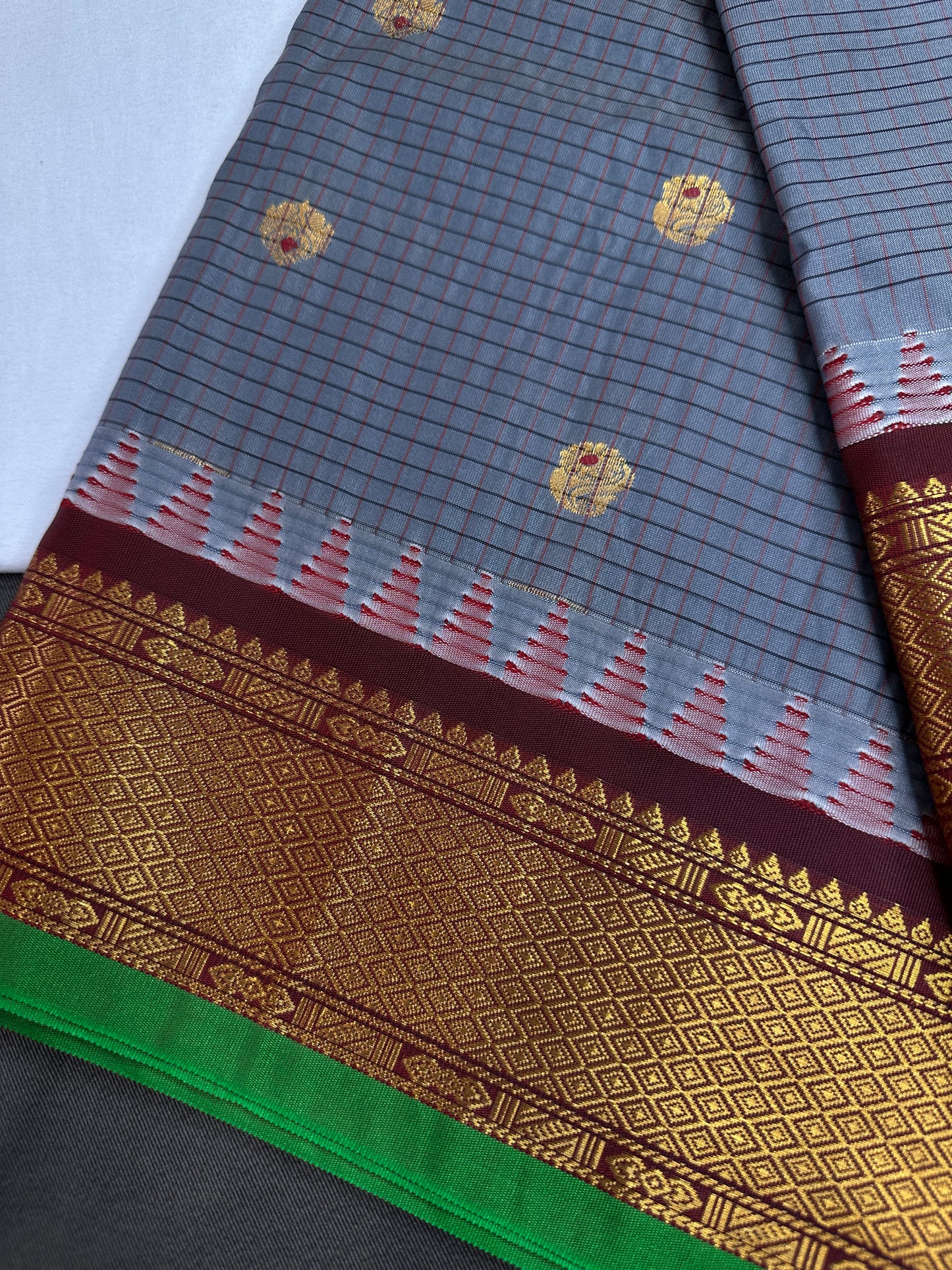 Semi Gadwal Checks Grey Maroon Silk Saree - 