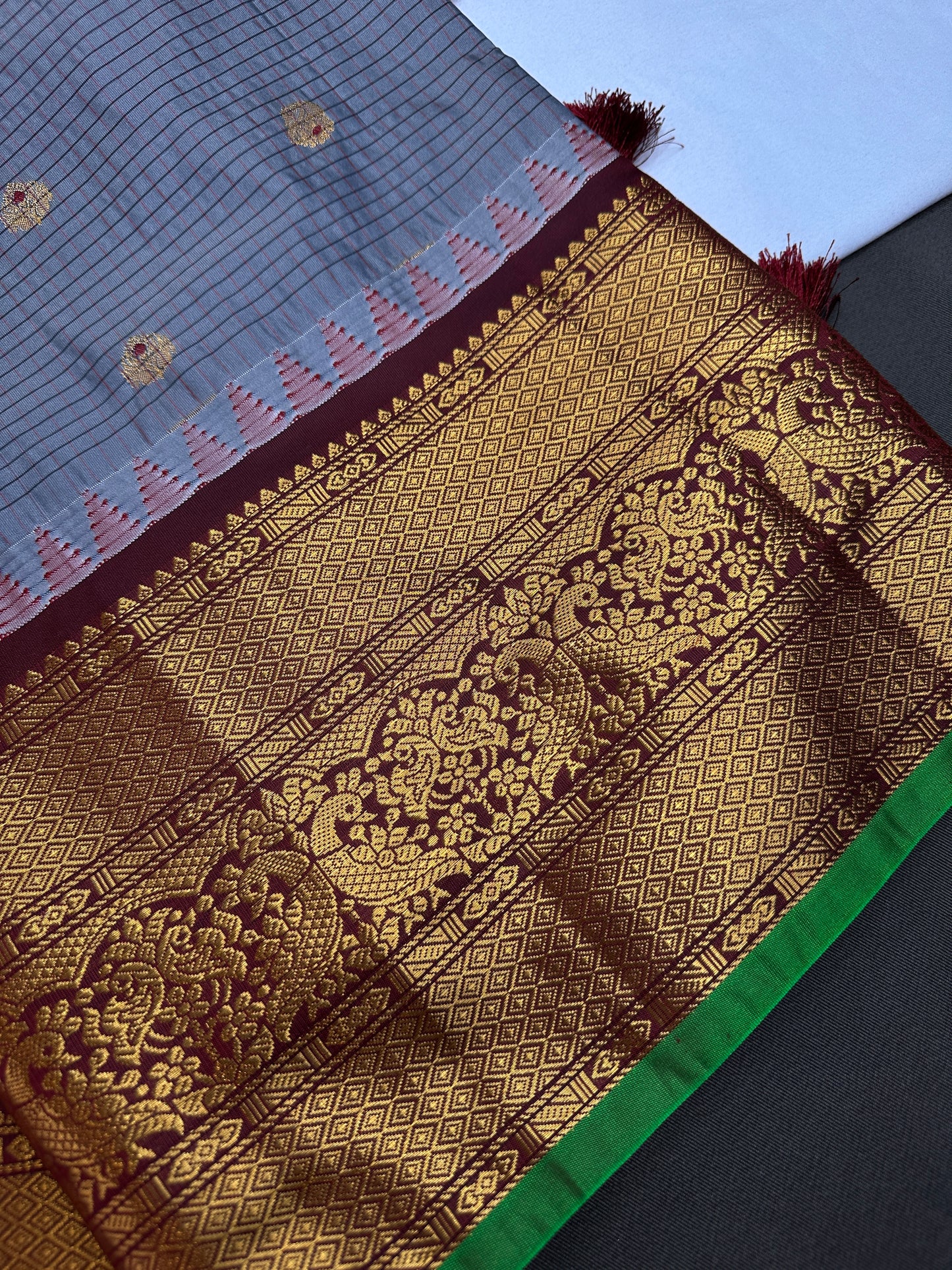 Semi Gadwal Checks Grey Maroon Silk Saree - 