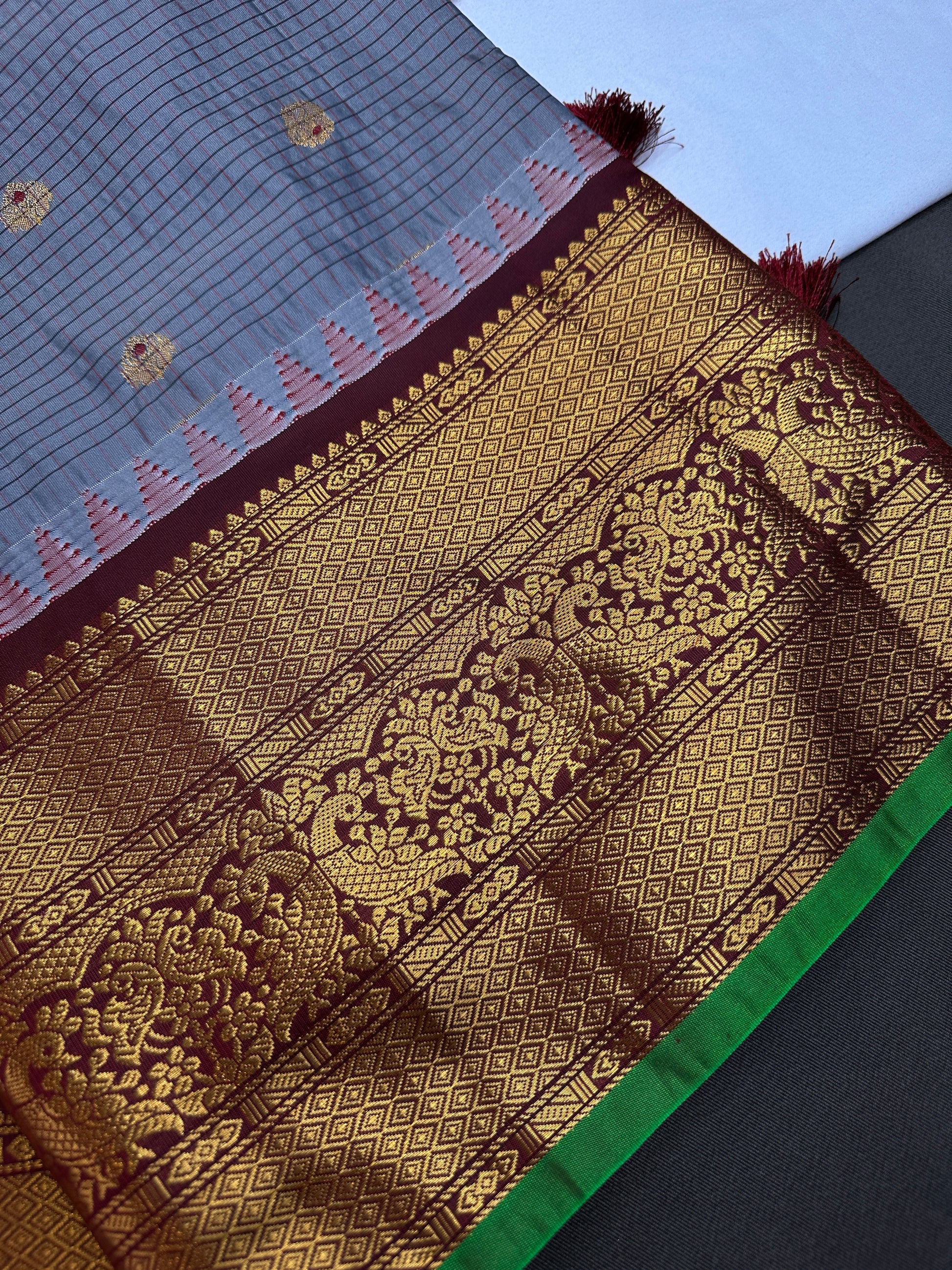 Semi Gadwal Checks Grey Maroon Silk Saree - 