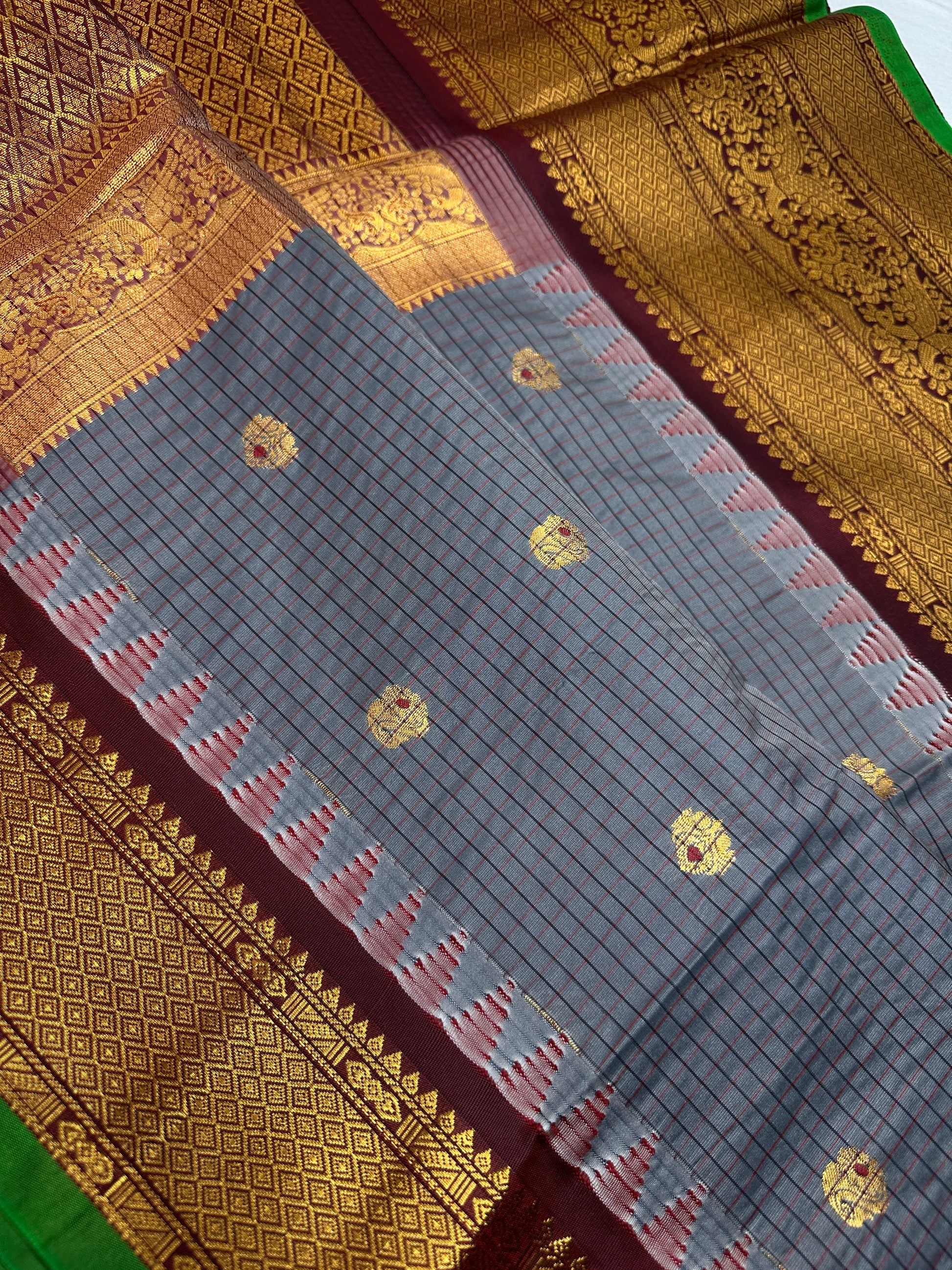 Semi Gadwal Checks Grey Maroon Silk Saree - 