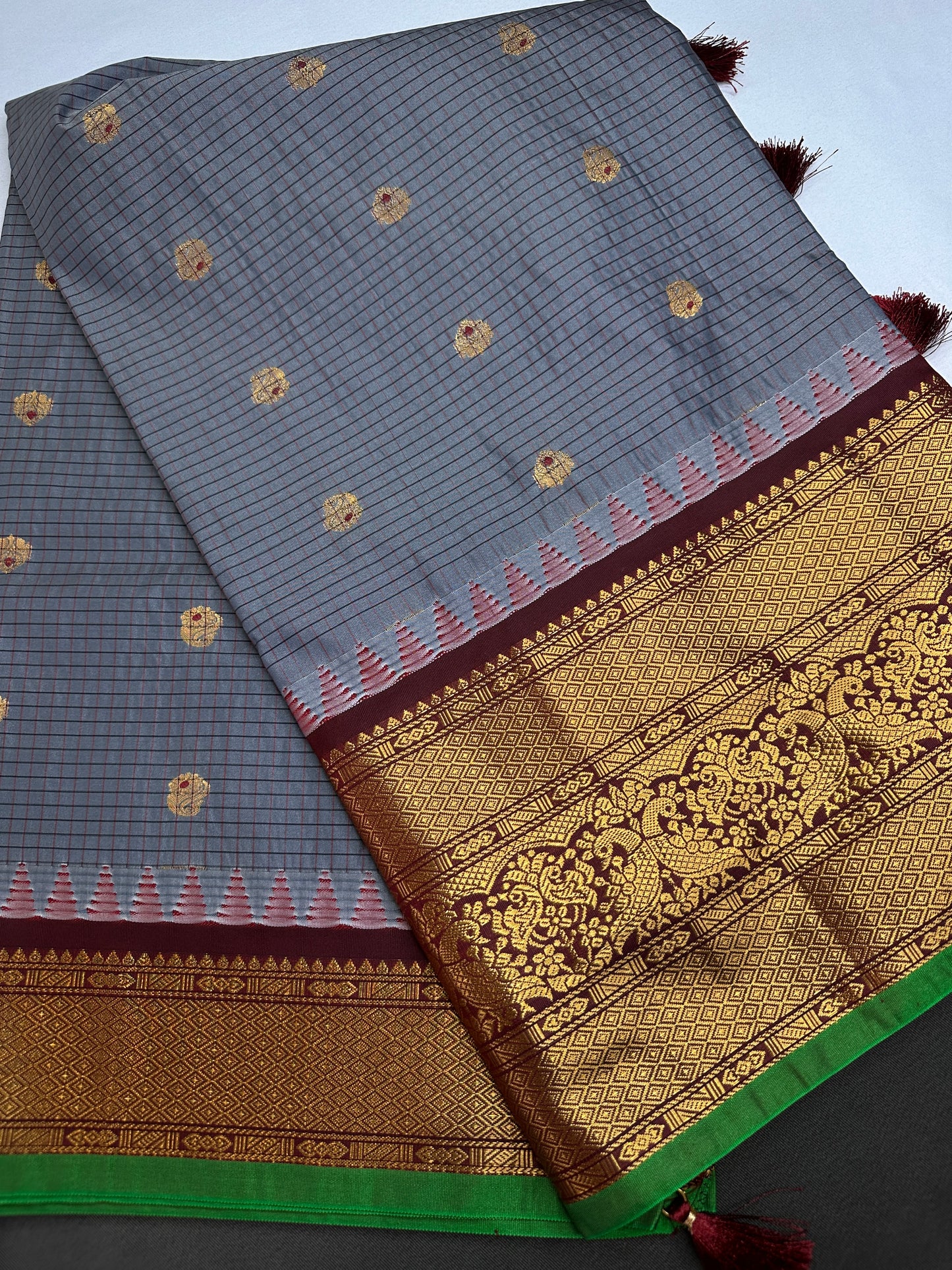 Semi Gadwal Checks Grey Maroon Silk Saree - 