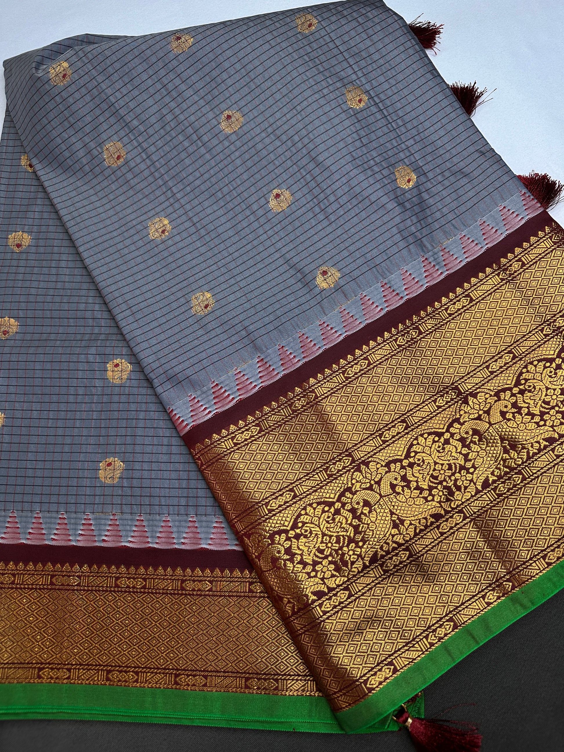 Semi Gadwal Checks Grey Maroon Silk Saree - 