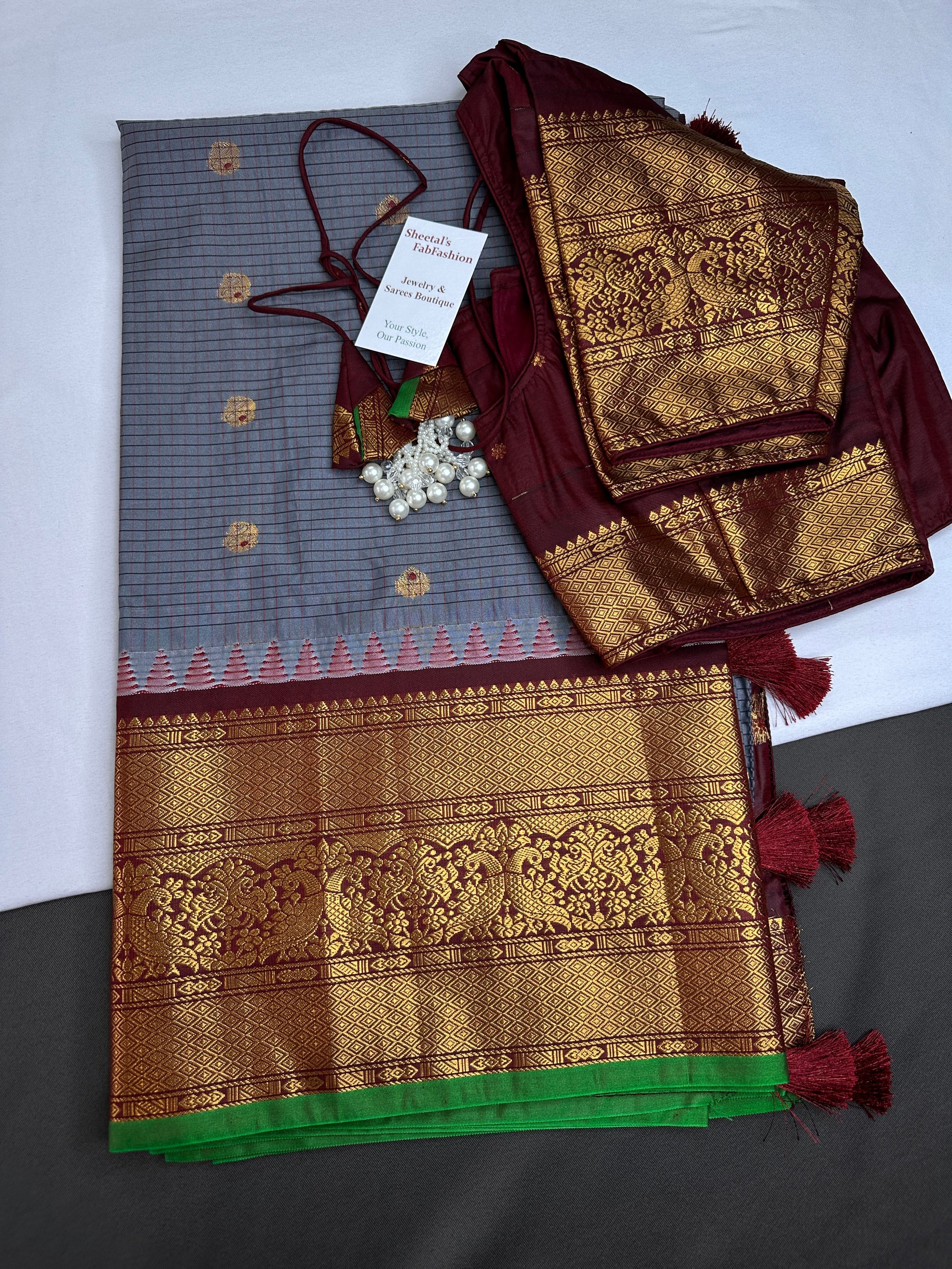 Semi Gadwal Checks Grey Maroon Silk Saree - 