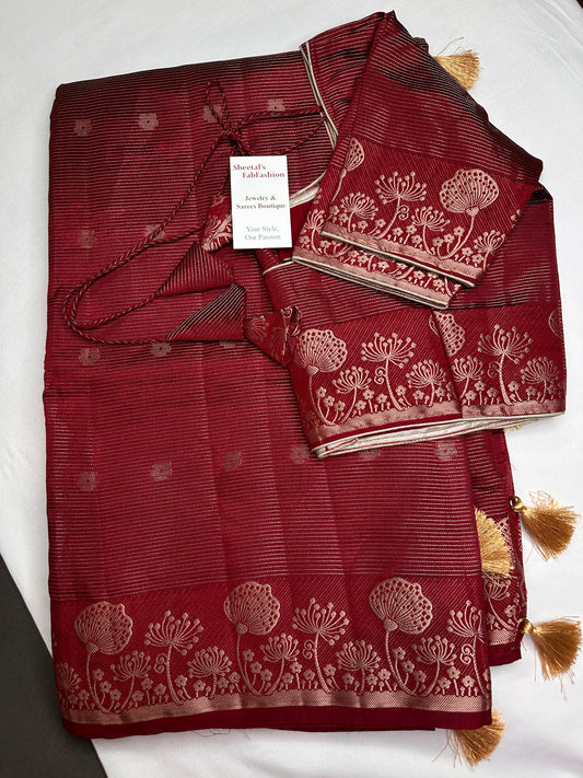 Semi Tussar Silk Maroon Red Saree - 
