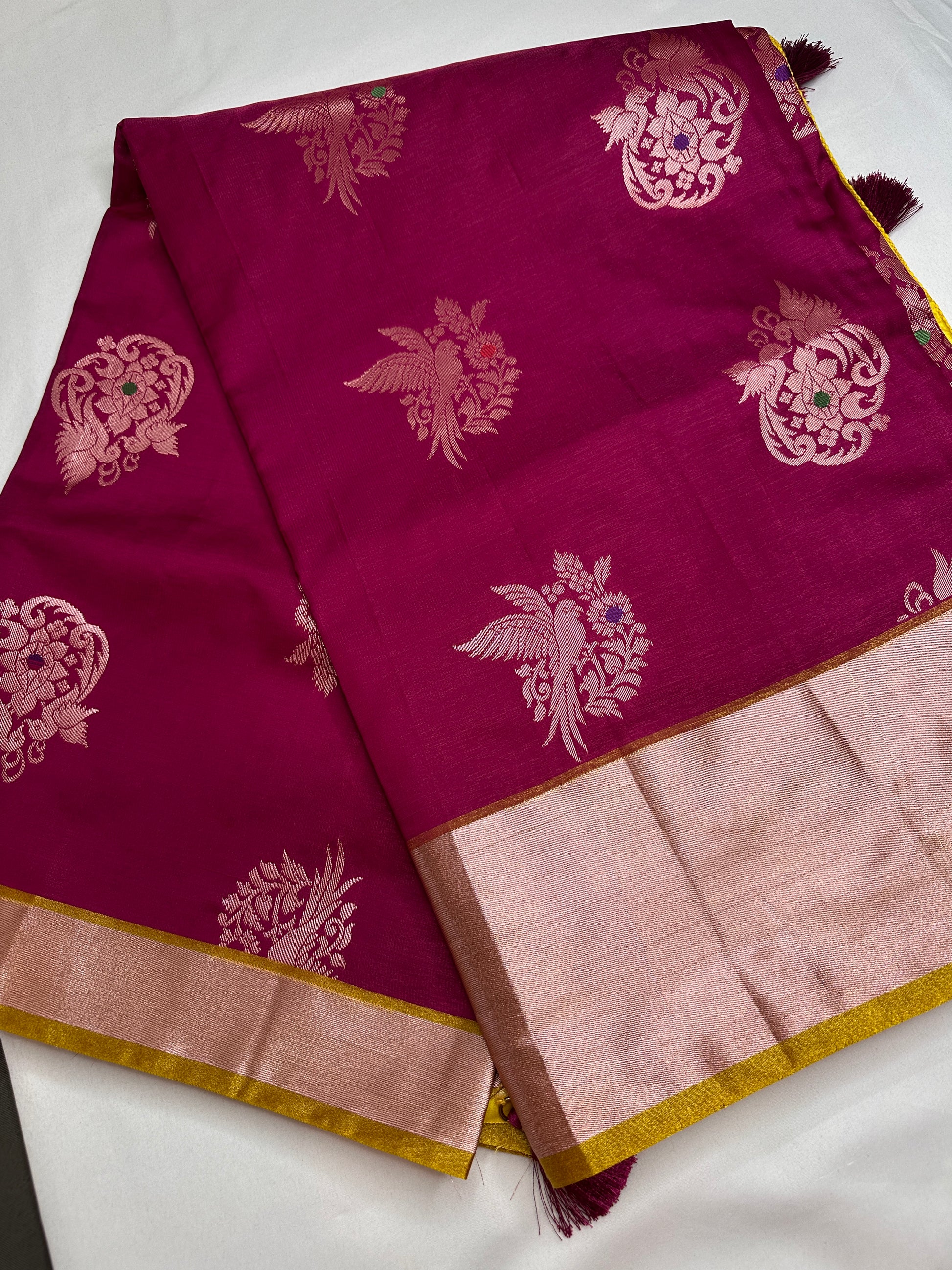 Semi Kanchi Pattu Pink Yellow Silk Saree - 