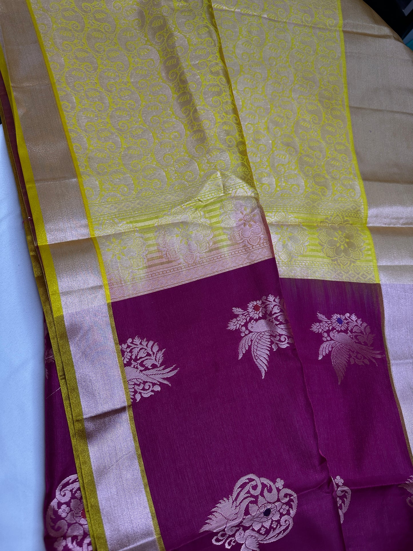 Semi Kanchi Pattu Pink Yellow Silk Saree - 