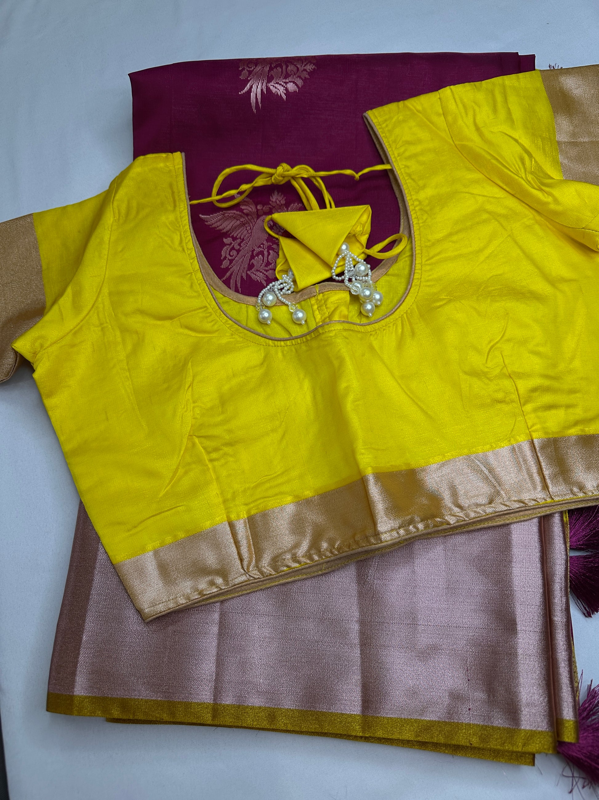 Semi Kanchi Pattu Pink Yellow Silk Saree - 