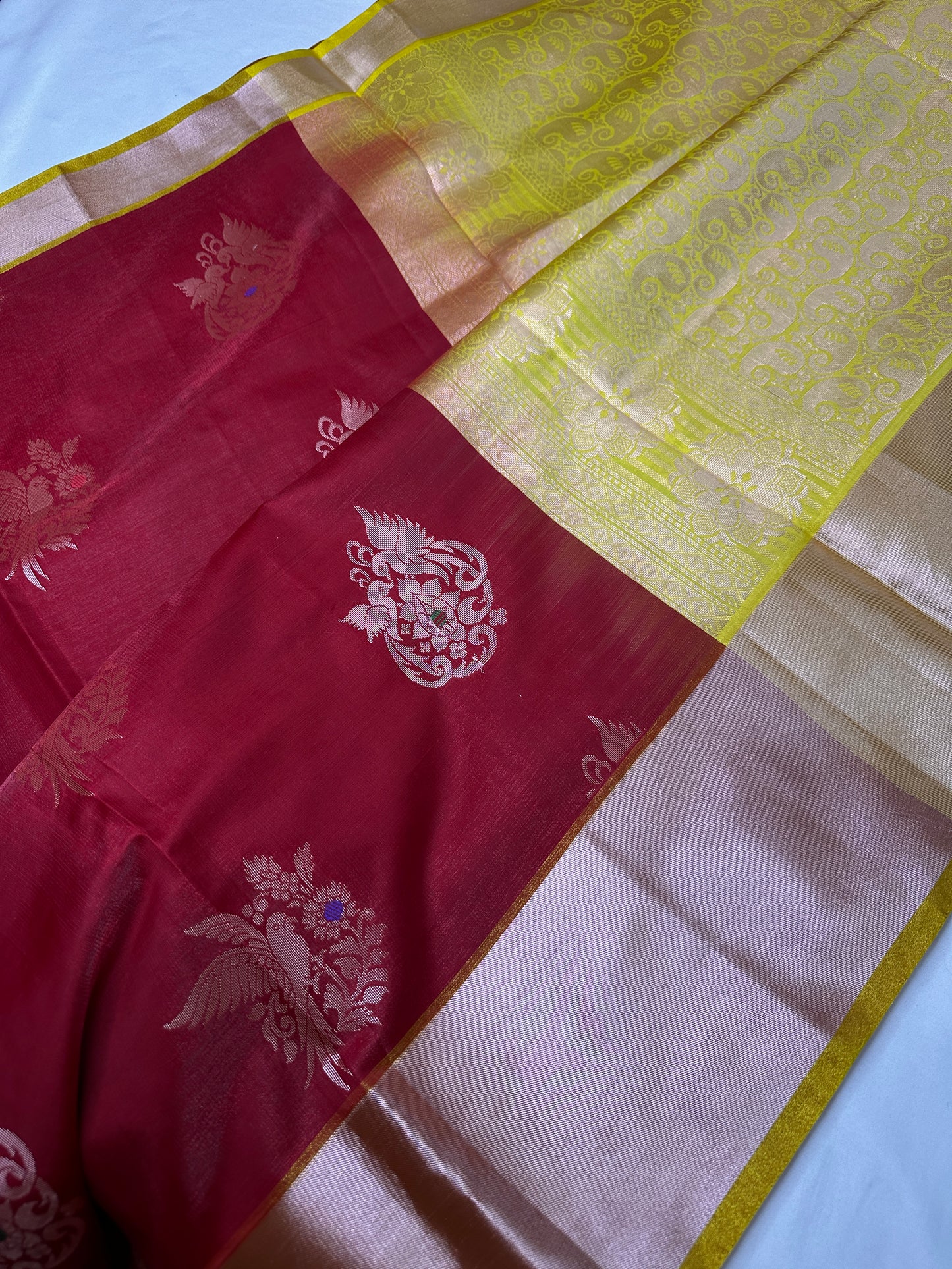Semi Kanchi Pattu Red Yellow Silk Saree - 
