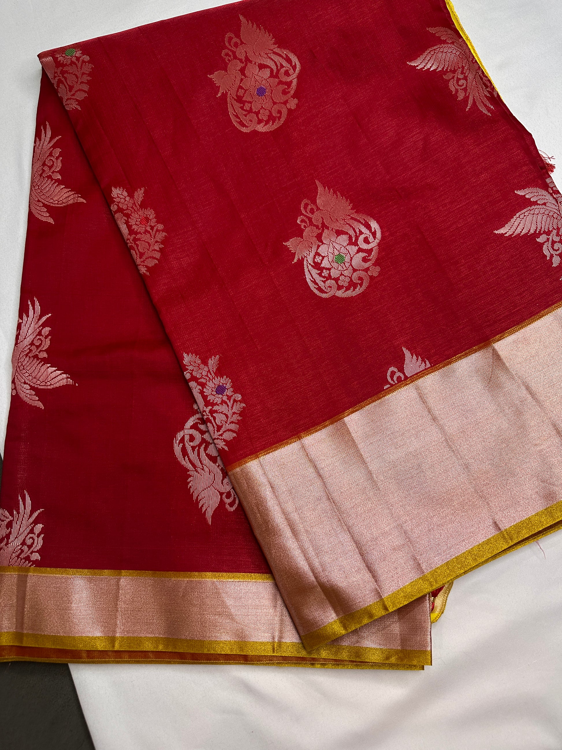 Semi Kanchi Pattu Red Yellow Silk Saree - 