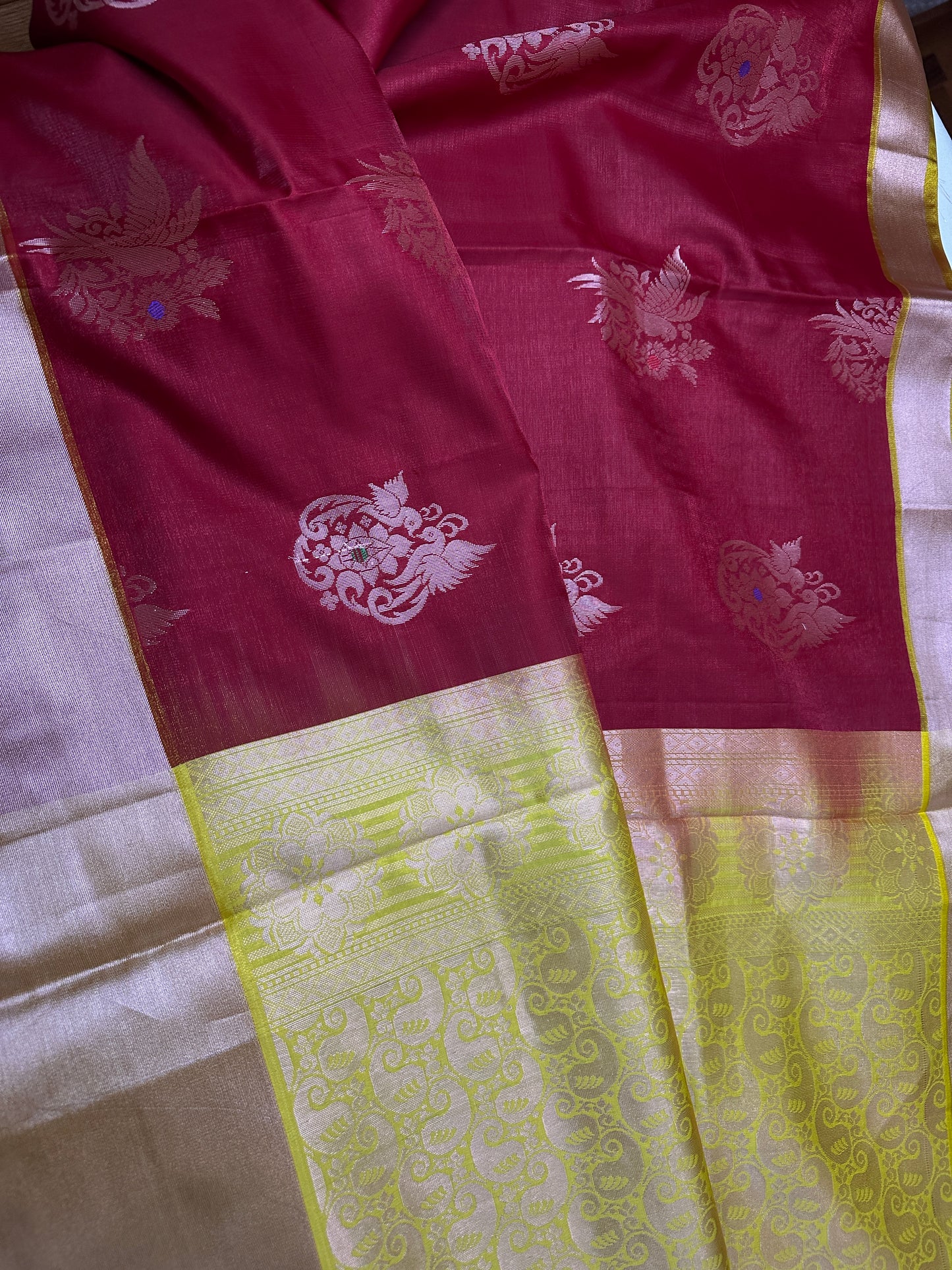 Semi Kanchi Pattu Red Yellow Silk Saree - 