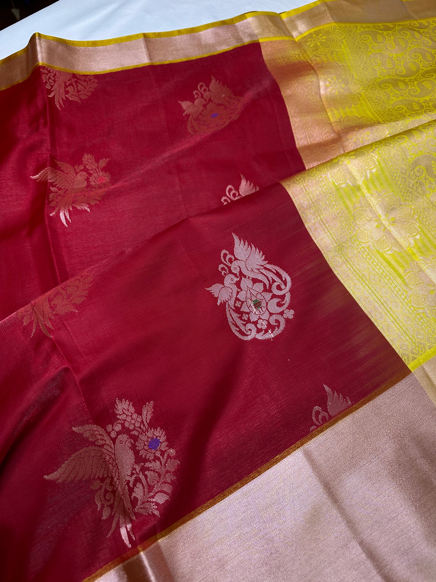 Semi Kanchi Pattu Red Yellow Silk Saree - 