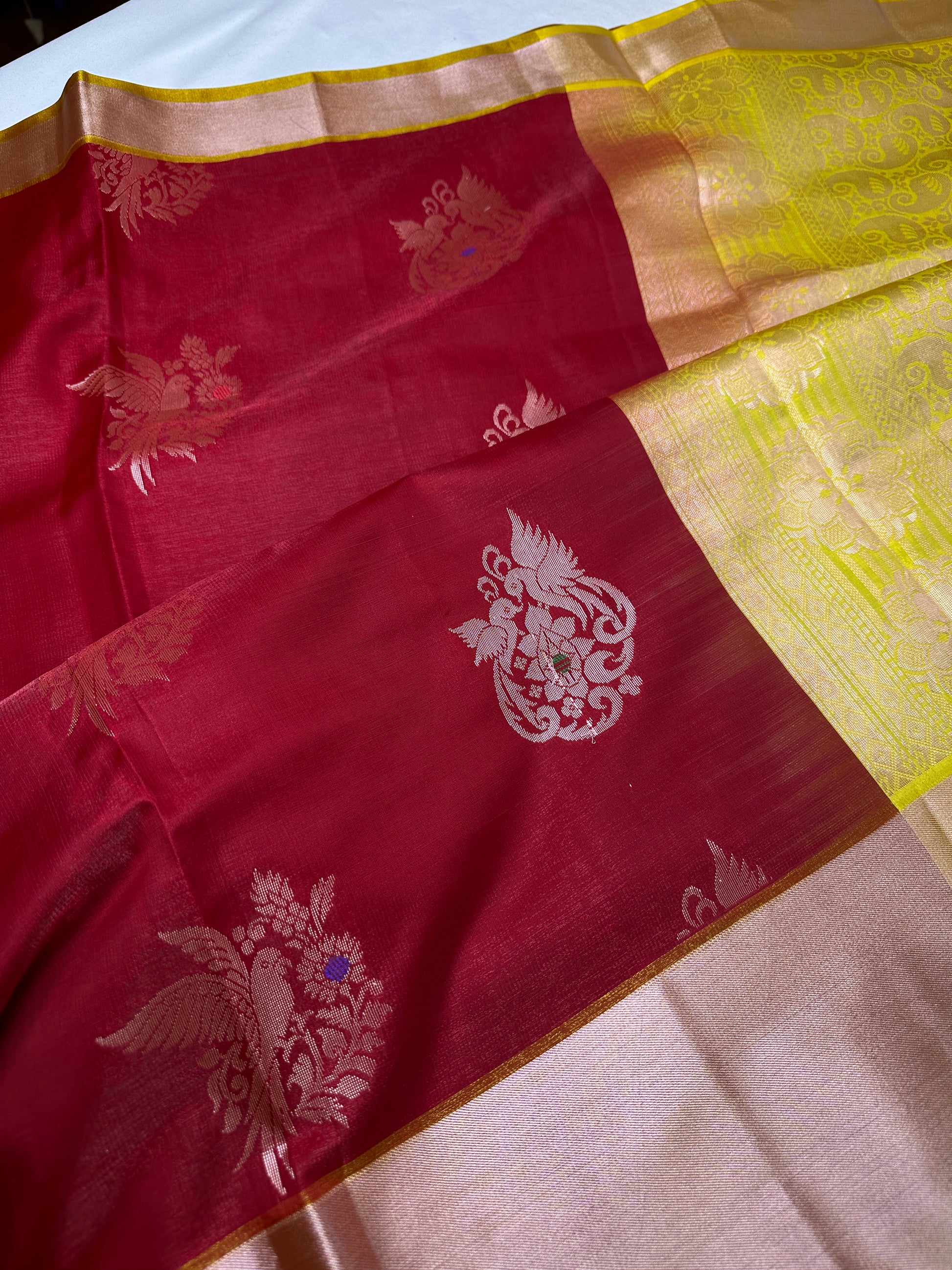 Semi Kanchi Pattu Red Yellow Silk Saree - 