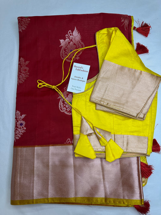 Semi Kanchi Pattu Red Yellow Silk Saree - 