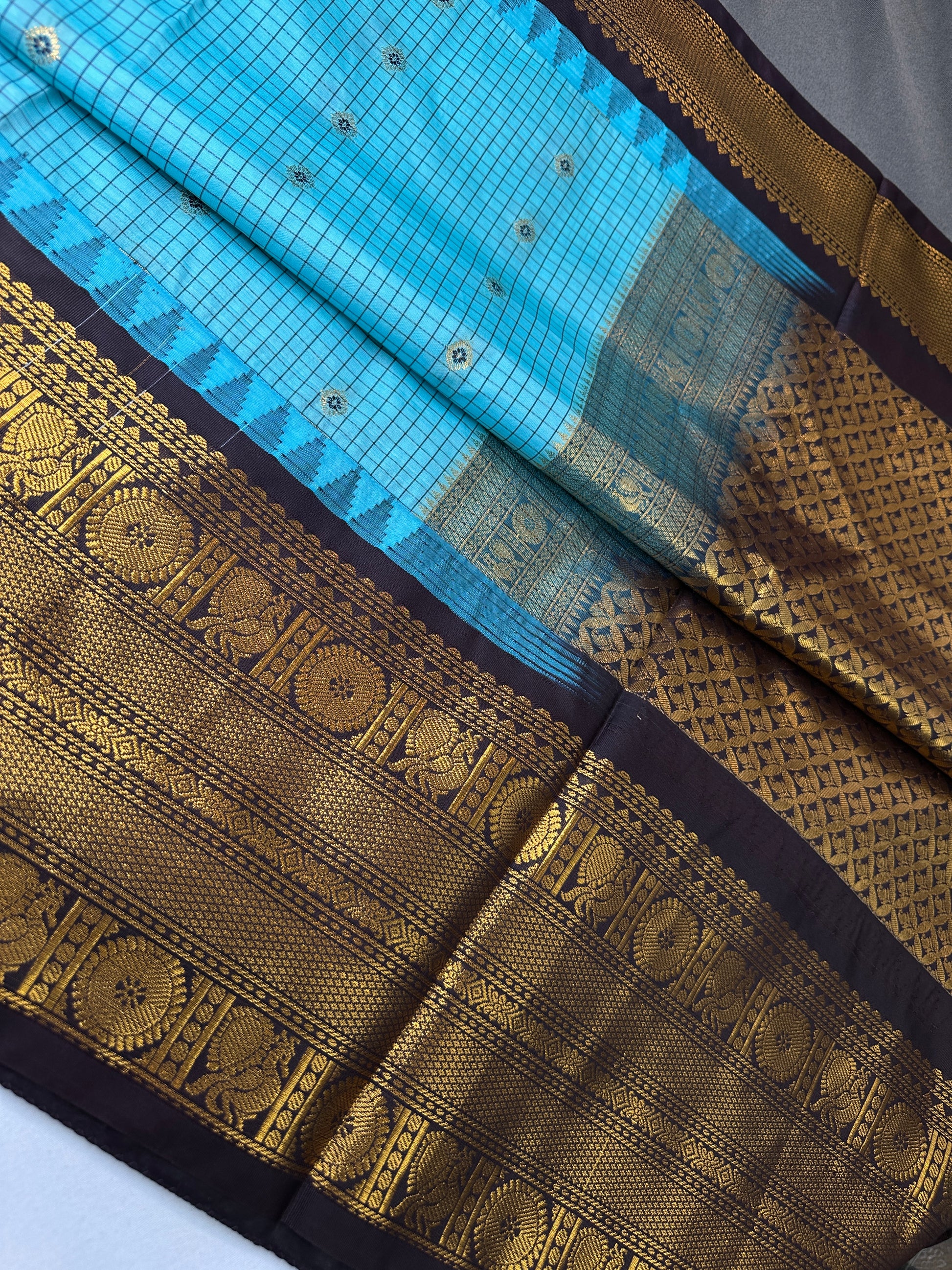 Semi Gadwal Checks Blue Plum Silk Saree - 