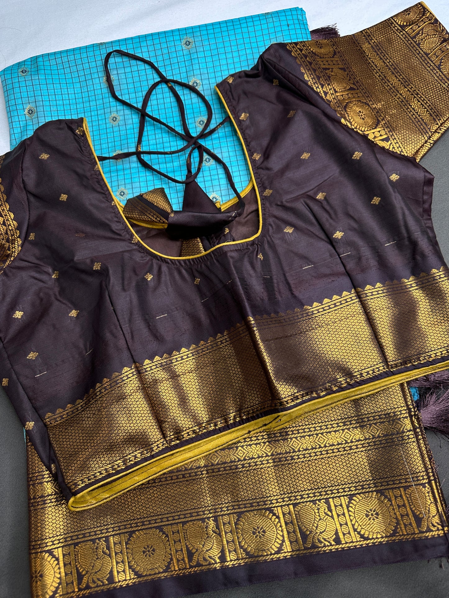 Semi Gadwal Checks Blue Plum Silk Saree - 