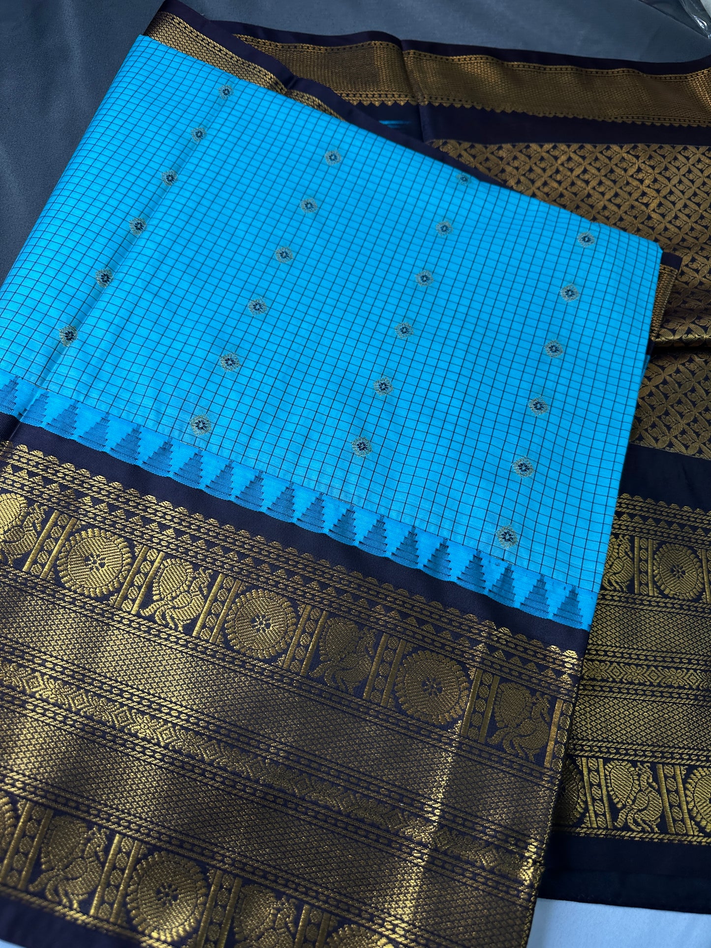 Semi Gadwal Checks Blue Plum Silk Saree - 