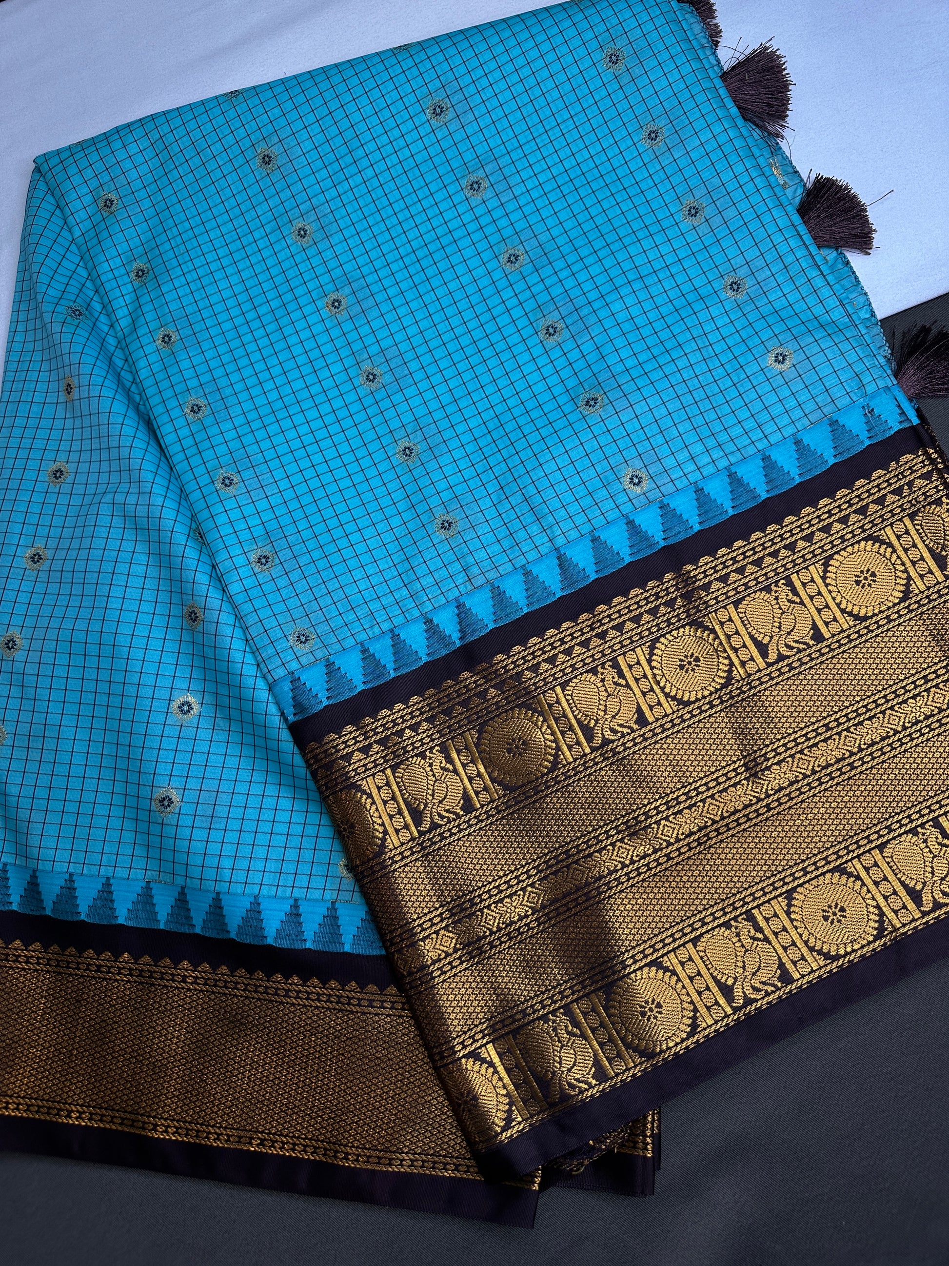 Semi Gadwal Checks Blue Plum Silk Saree - 