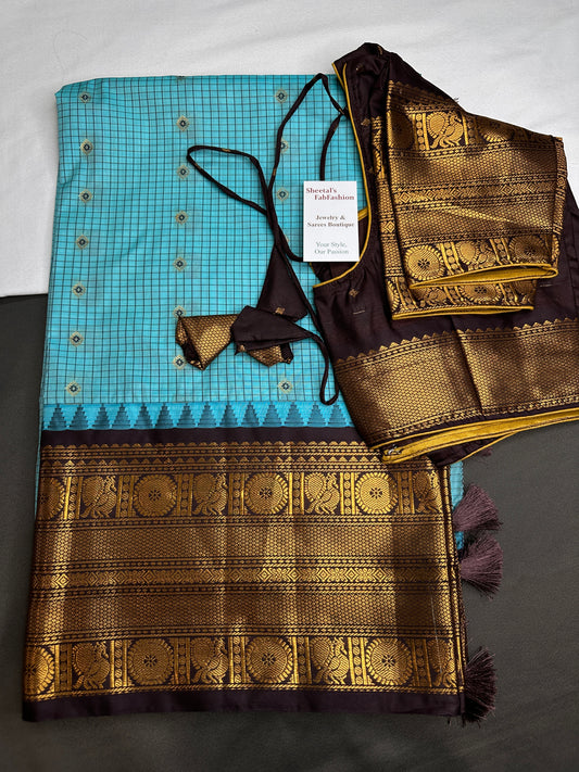Semi Gadwal Checks Blue Plum Silk Saree - 