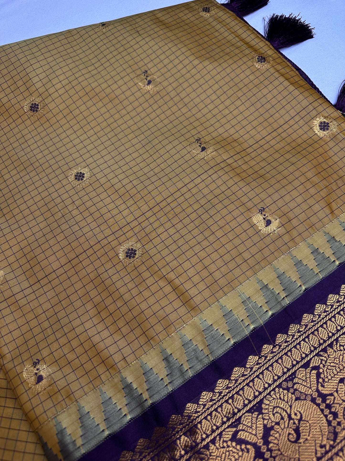 Semi Gadwal Checks Mustard Purple Silk Saree - 