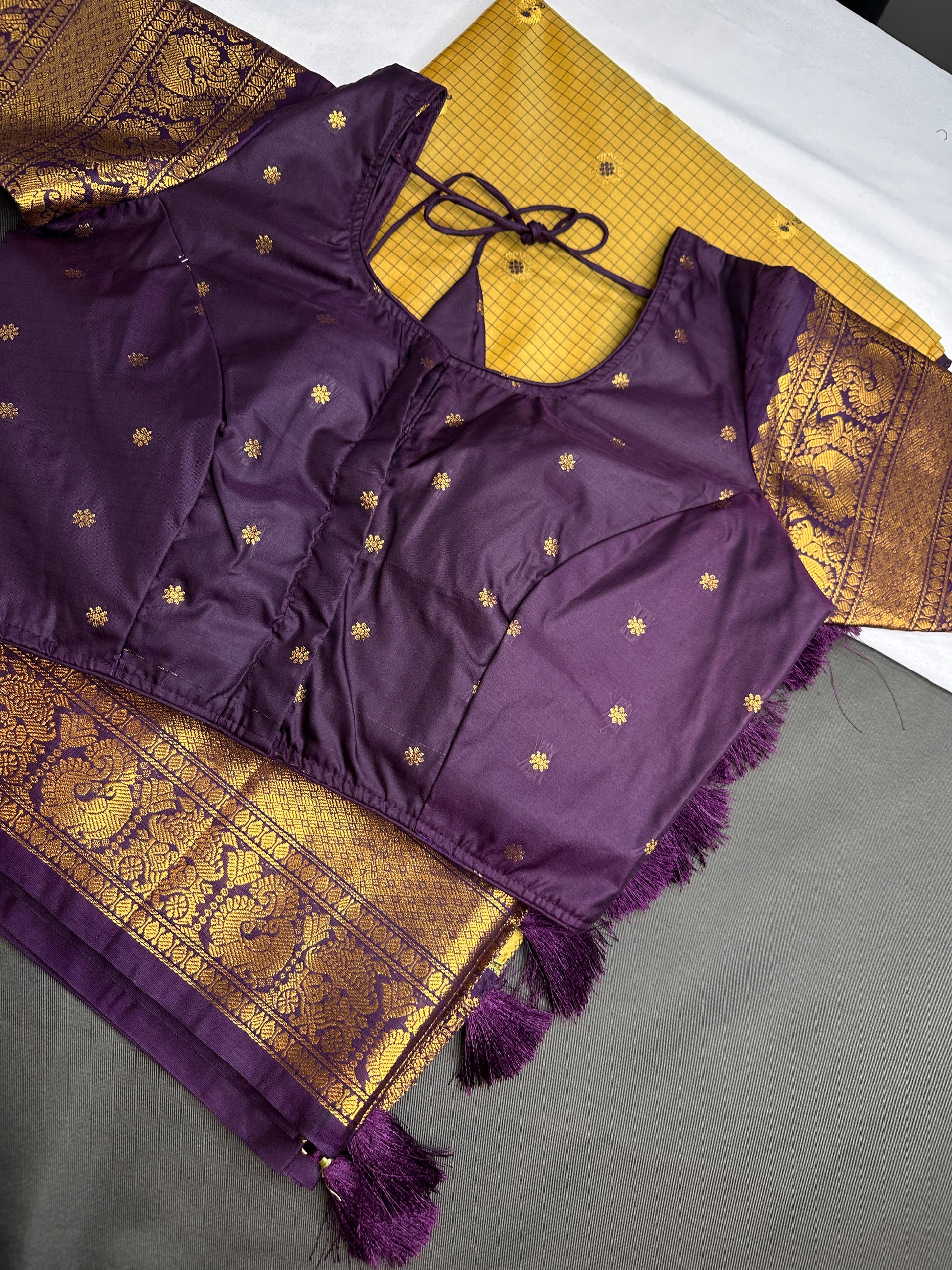Semi Gadwal Checks Mustard Purple Silk Saree - 