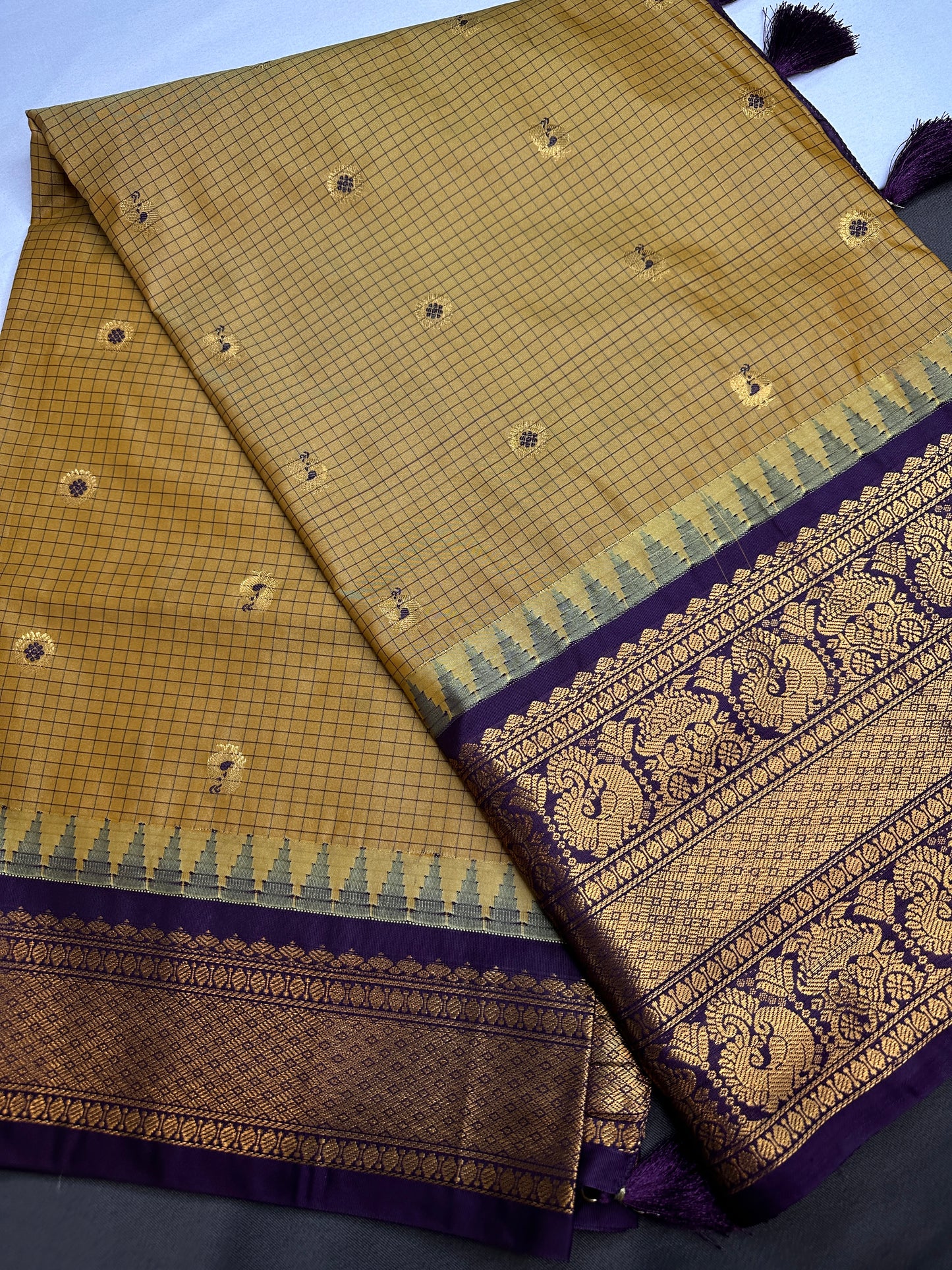 Semi Gadwal Checks Mustard Purple Silk Saree - 