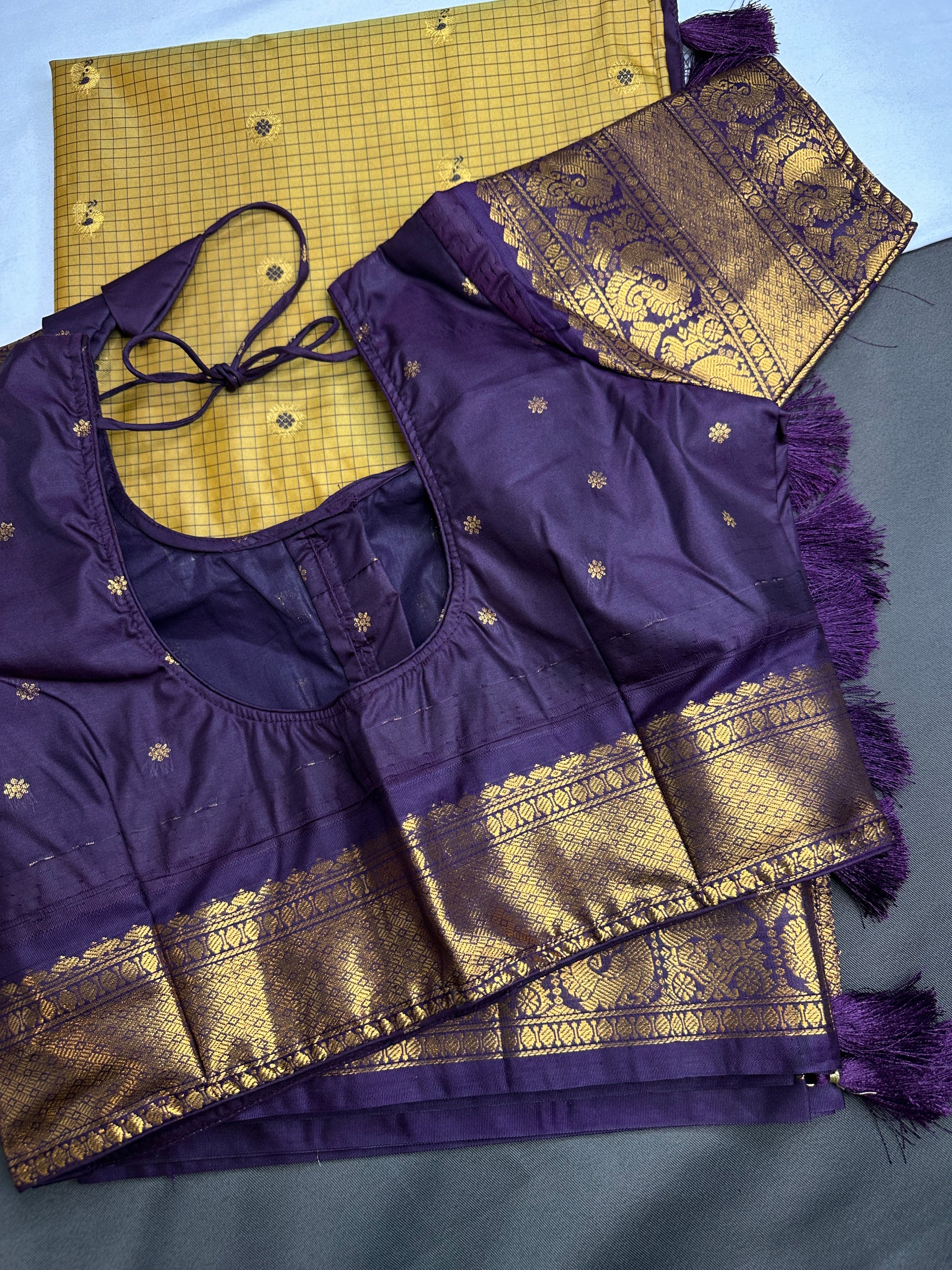 Semi Gadwal Checks Mustard Purple Silk Saree - 