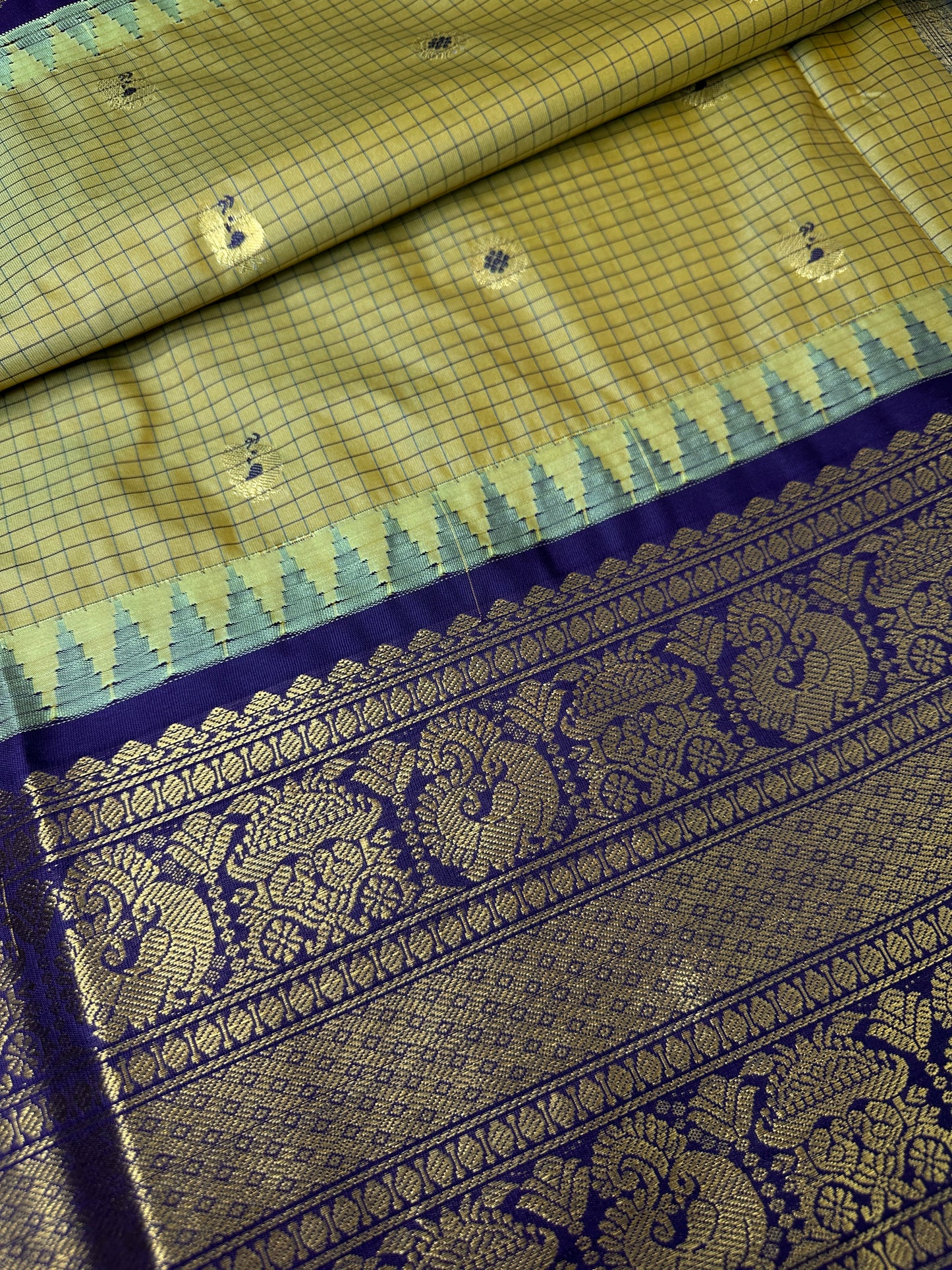 Semi Gadwal Checks Mustard Purple Silk Saree - 