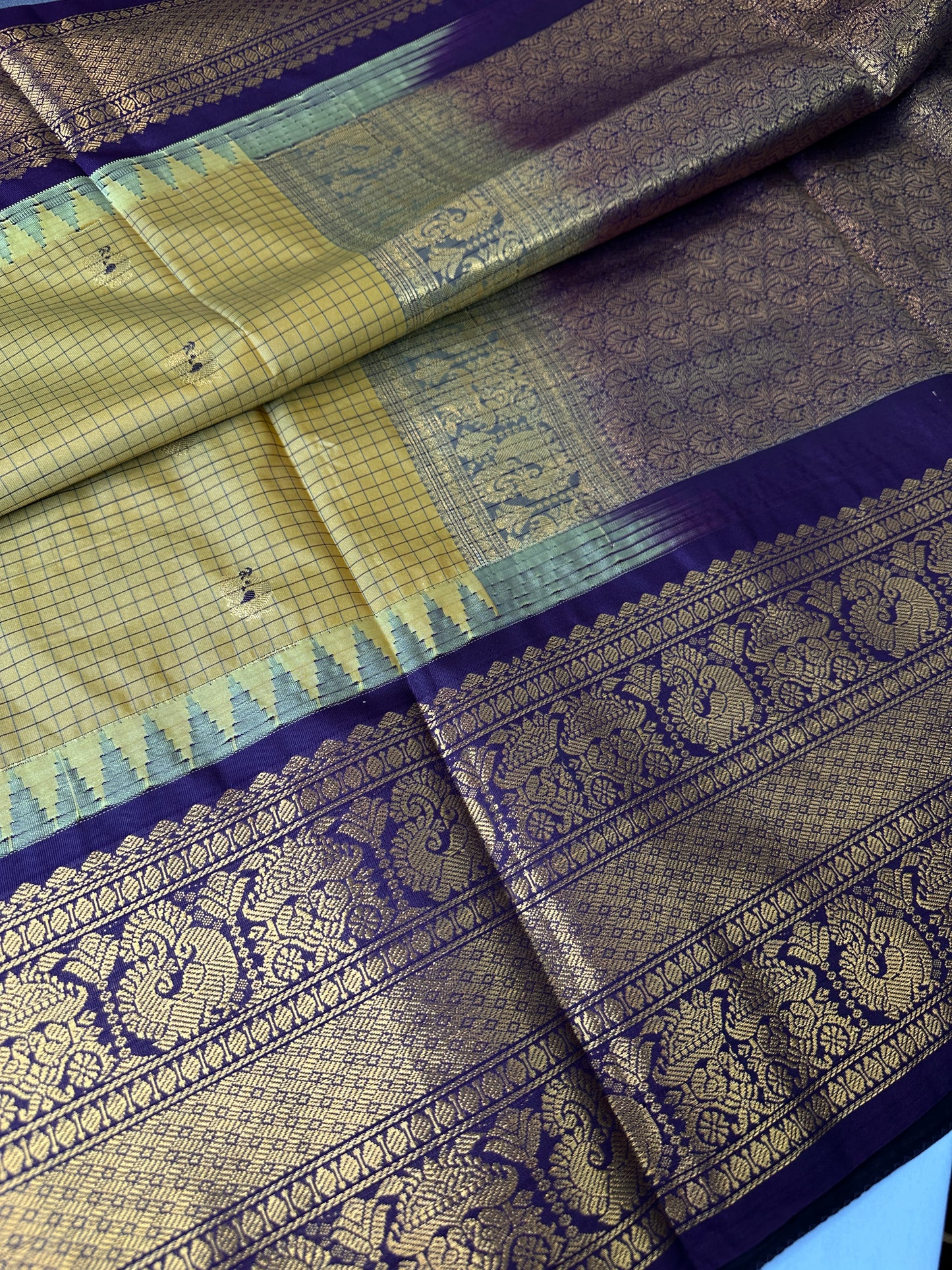 Semi Gadwal Checks Mustard Purple Silk Saree - 