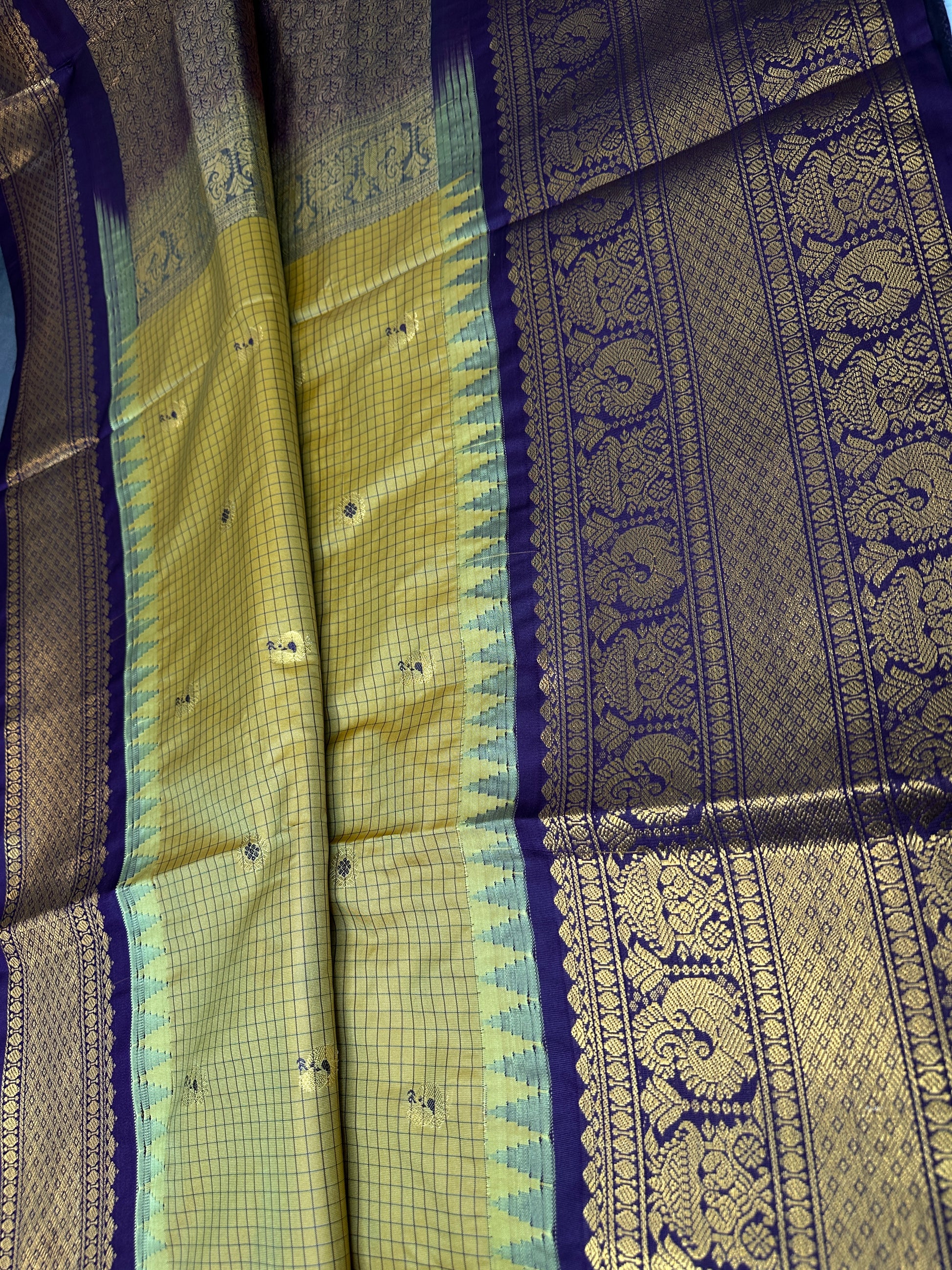 Semi Gadwal Checks Mustard Purple Silk Saree - 