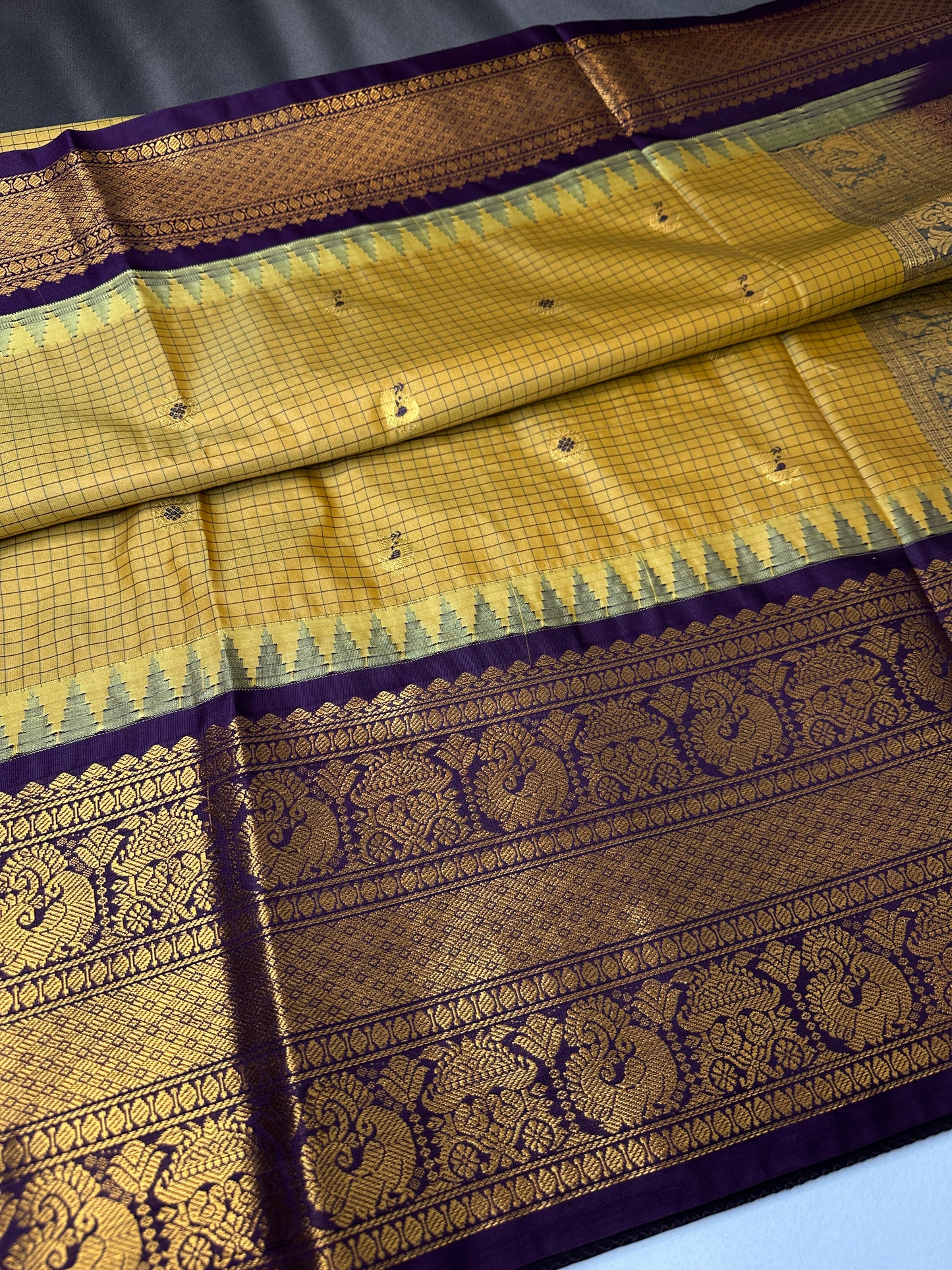 Semi Gadwal Checks Mustard Purple Silk Saree - 