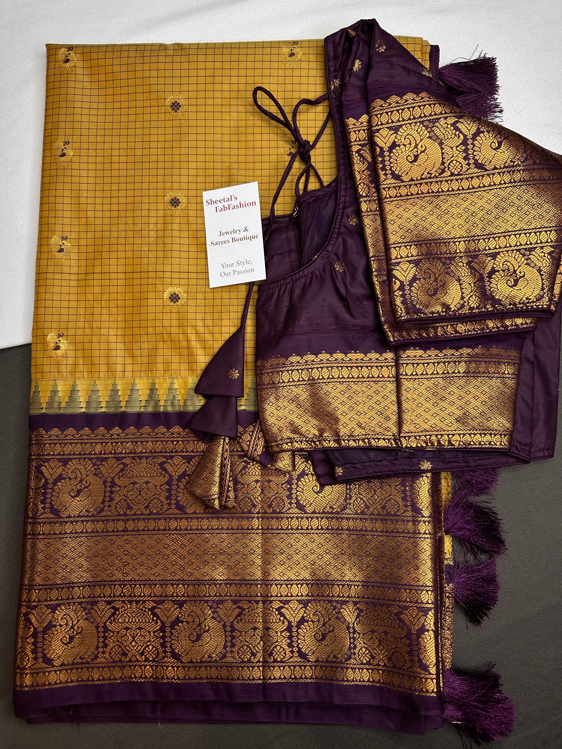 Semi Gadwal Checks Mustard Purple Silk Saree - 