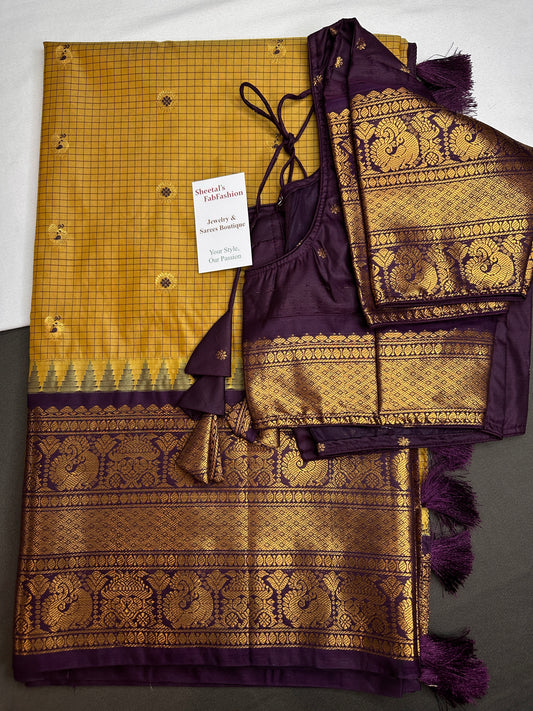 Semi Gadwal Checks Mustard Purple Silk Saree - 