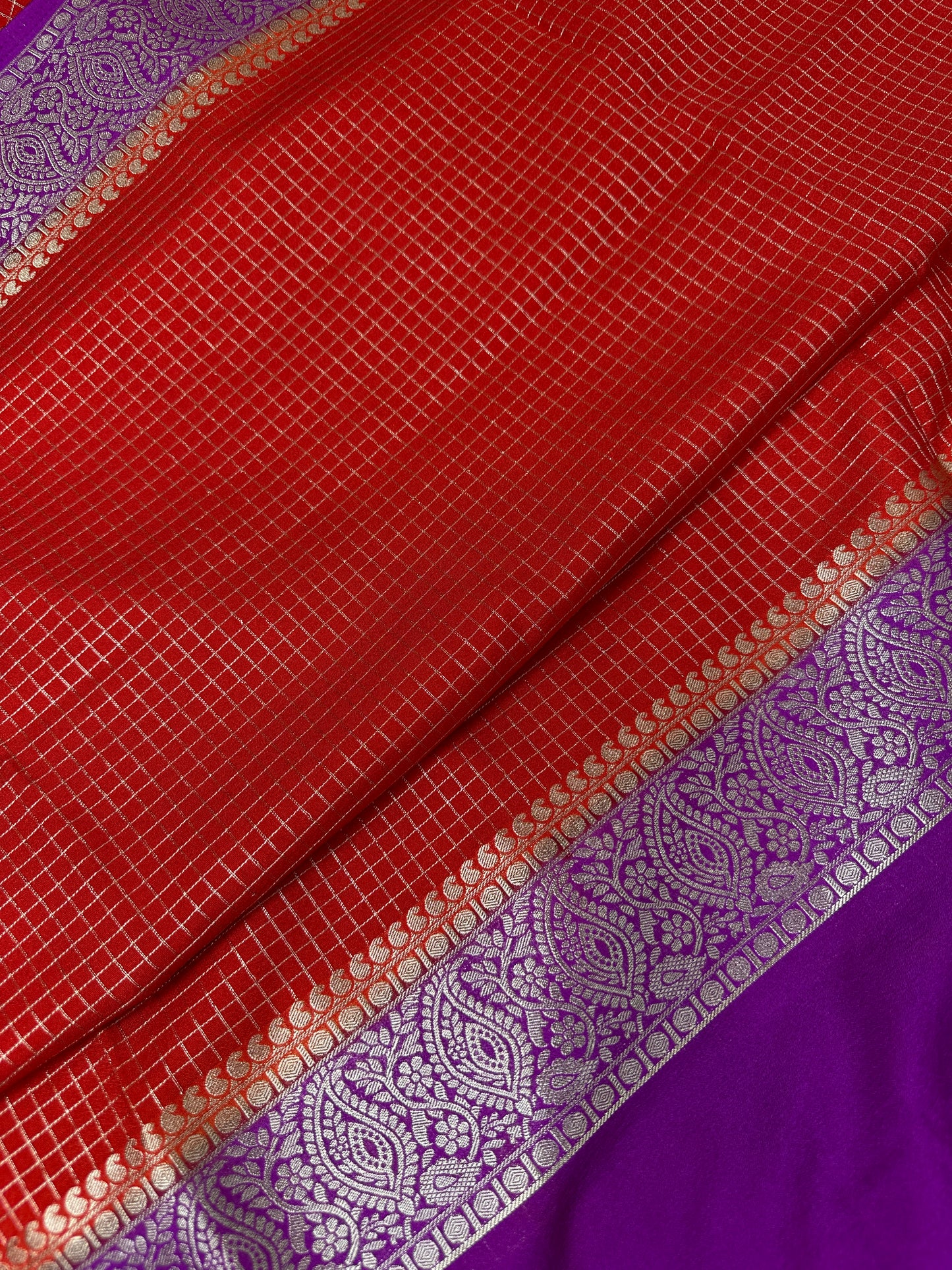 Banarsi Crepe Small Checks Orange Saree - 