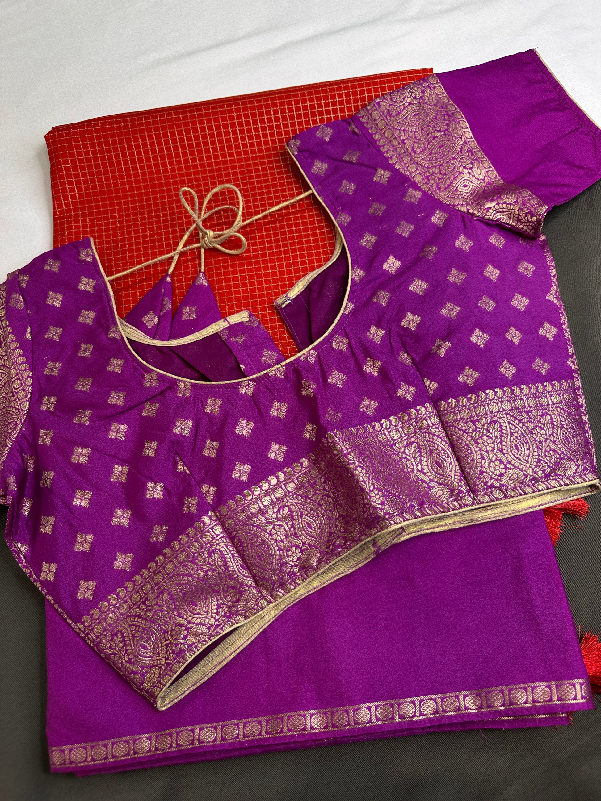 Banarsi Crepe Small Checks Orange Saree - 