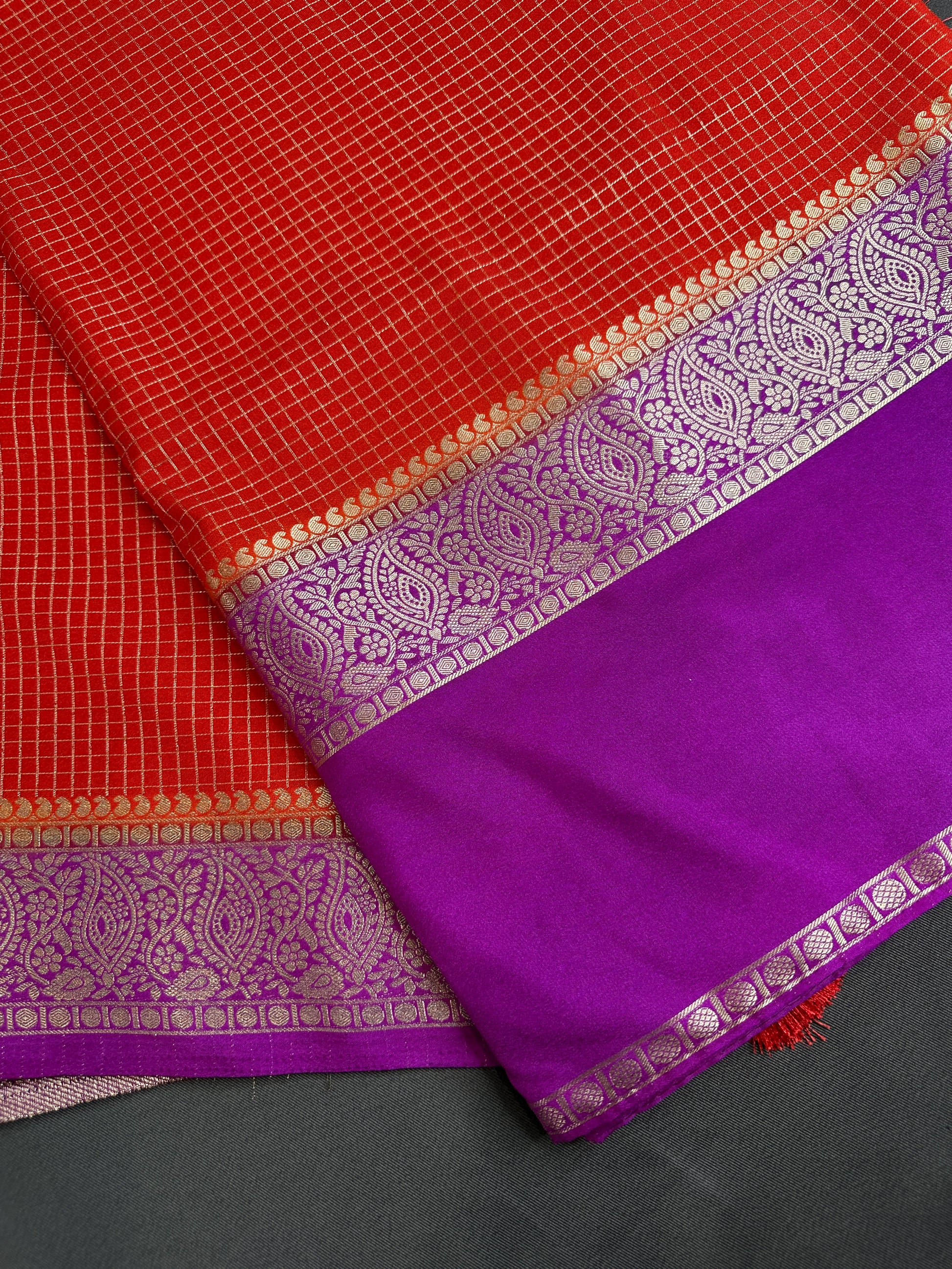 Banarsi Crepe Small Checks Orange Saree - 