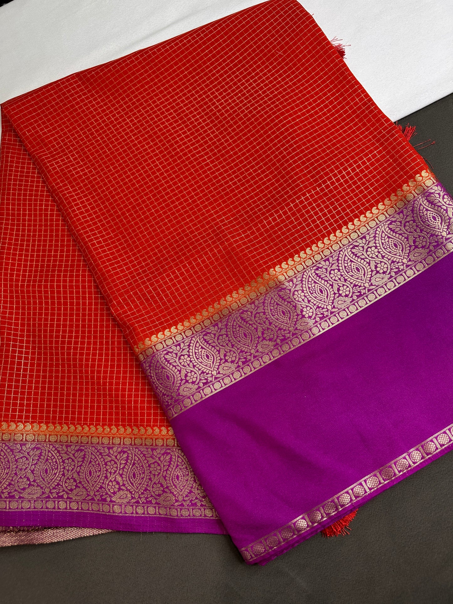 Banarsi Crepe Small Checks Orange Saree - 