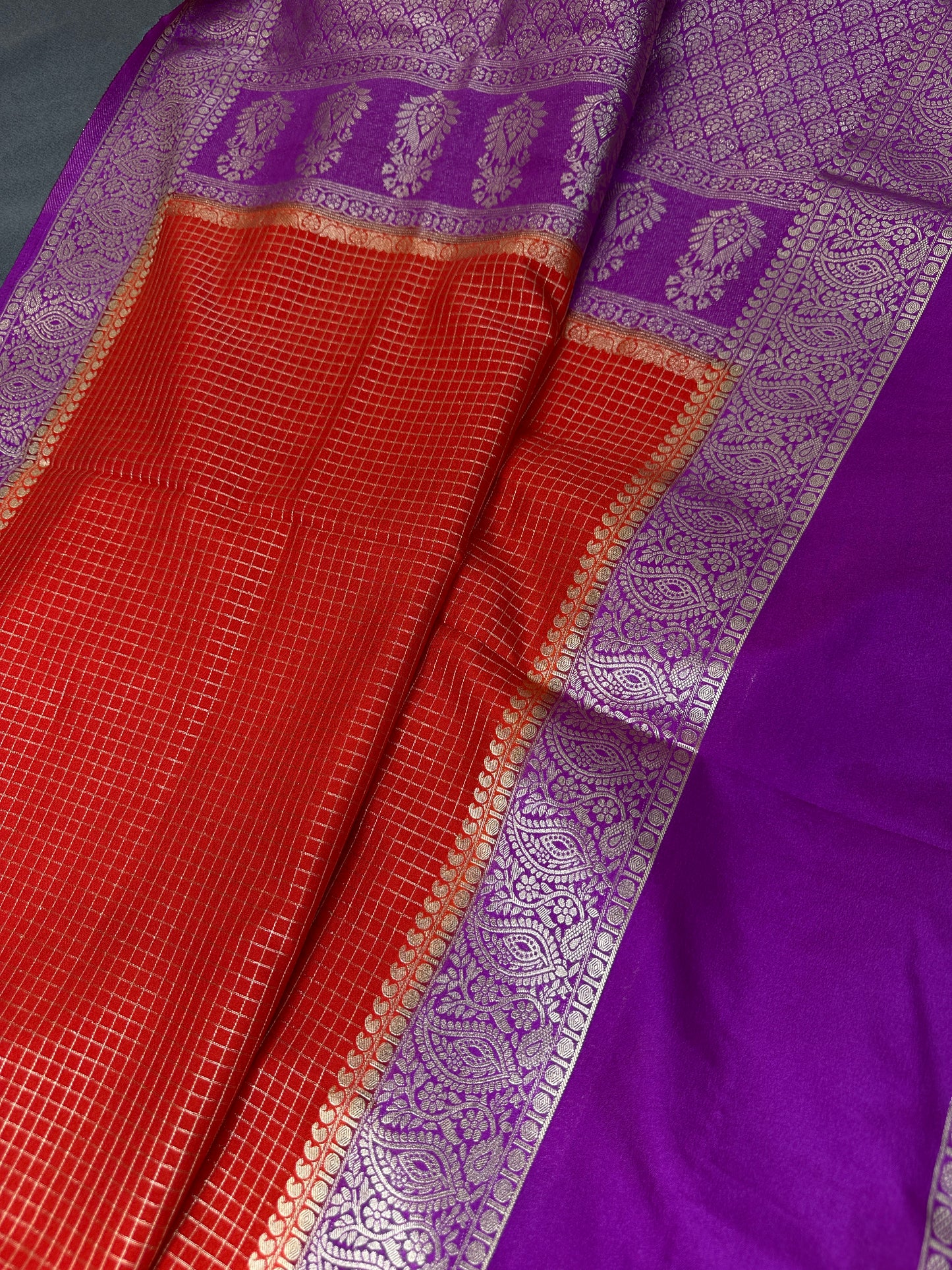 Banarsi Crepe Small Checks Orange Saree - 