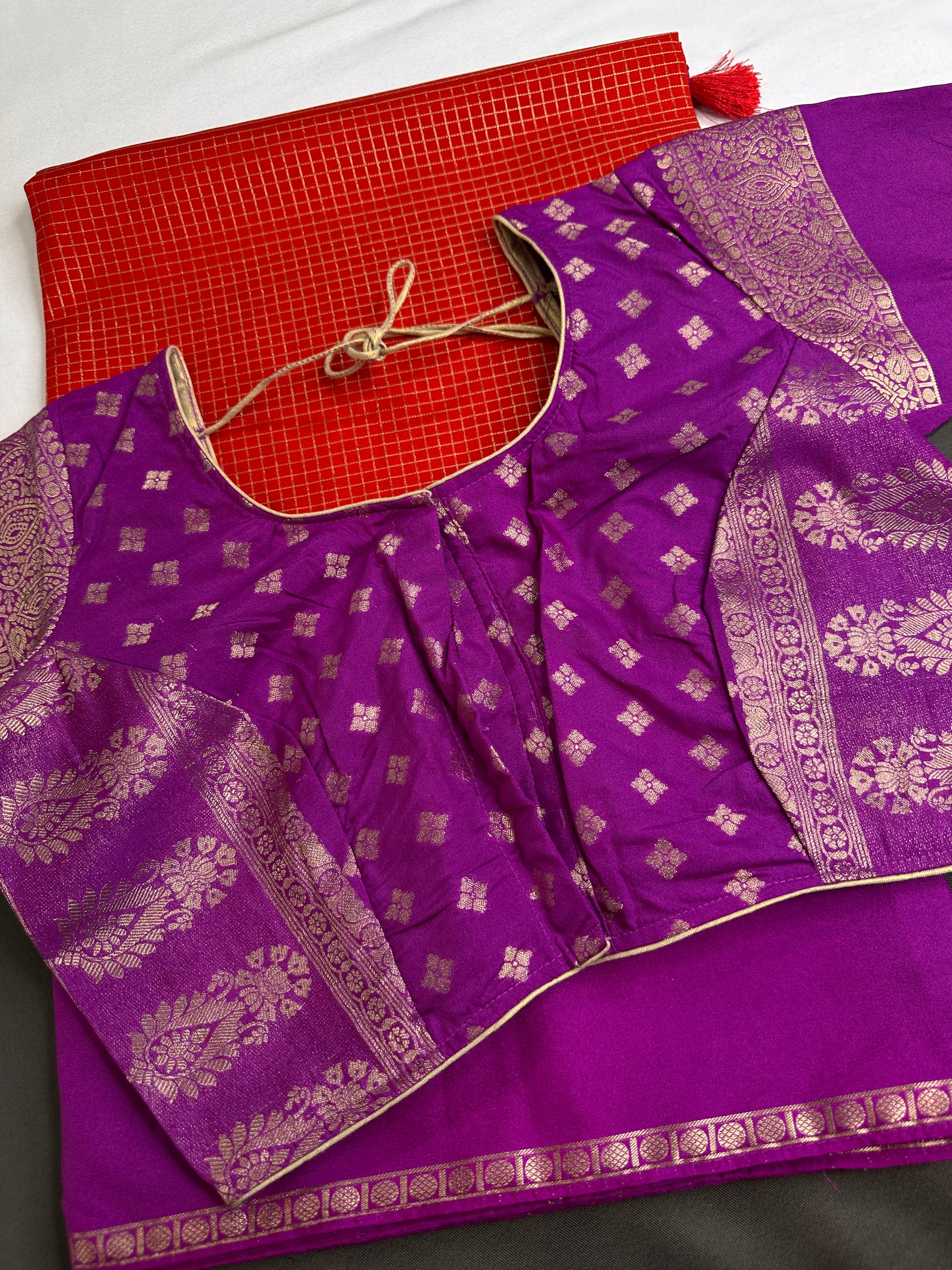 Banarsi Crepe Small Checks Orange Saree - 